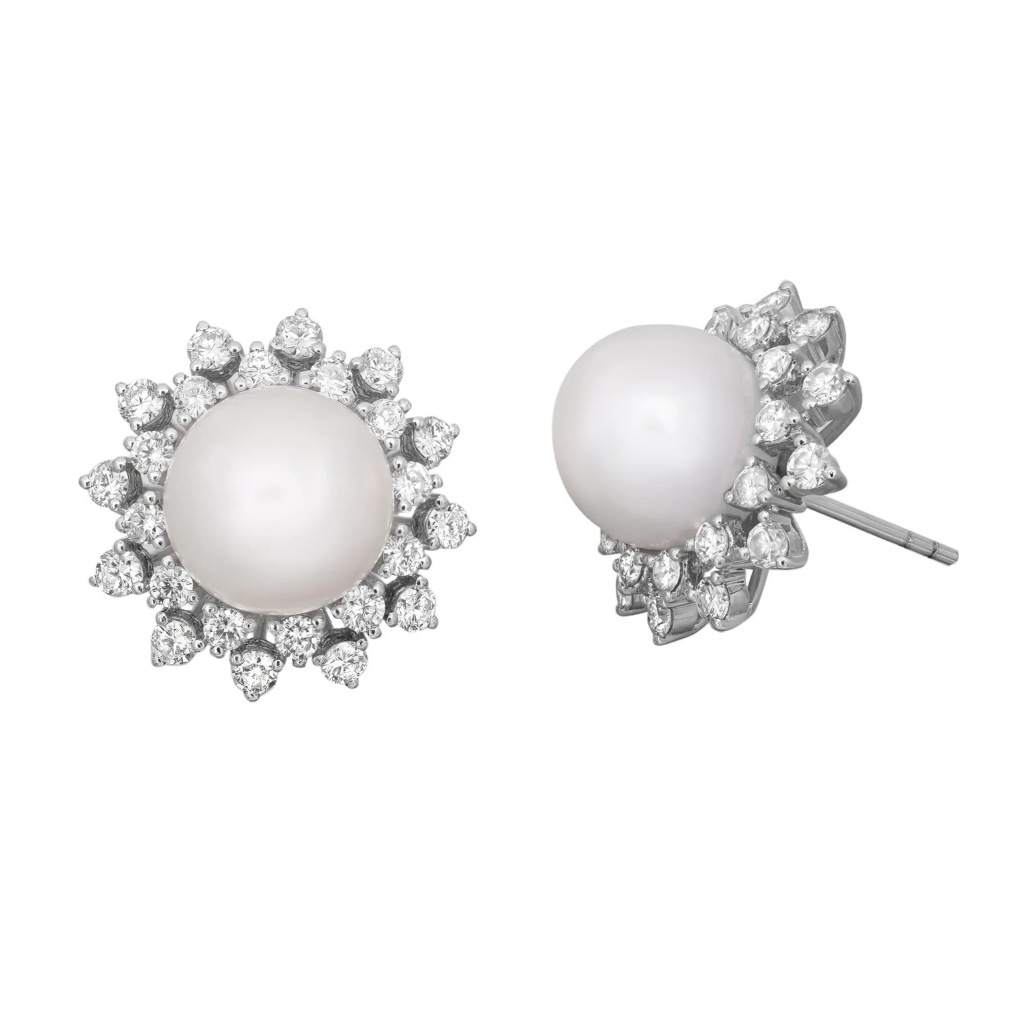 Natural White Round Pearl And Diamonds Stud Earrings Platinum 1.84Cttw