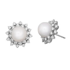 Natural White Round Pearl And Diamonds Stud Earrings Platinum 1.84Cttw
