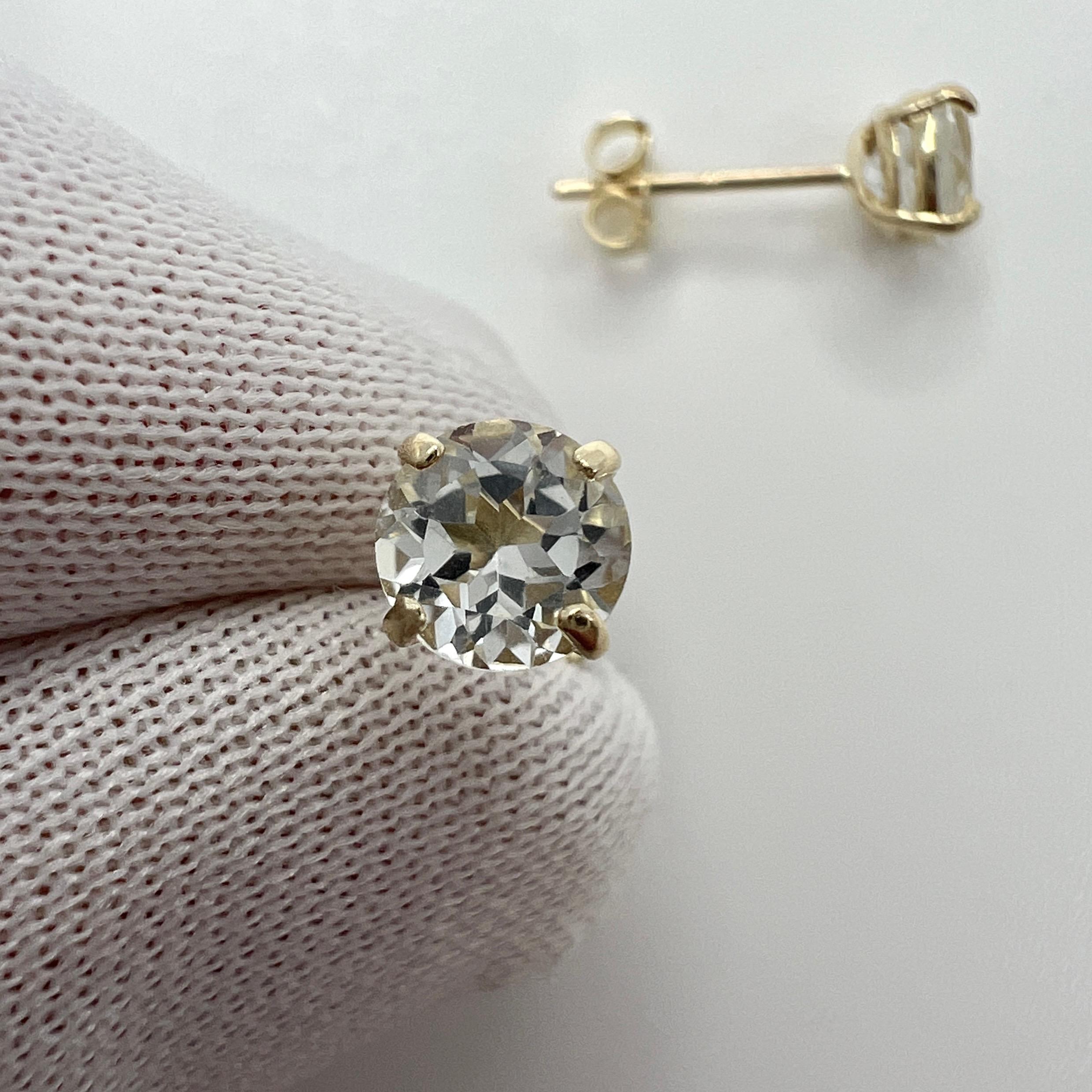 Natural White Topaz Round Cut 1.15ct 9k Yellow Gold Stud Earrings For Sale 1