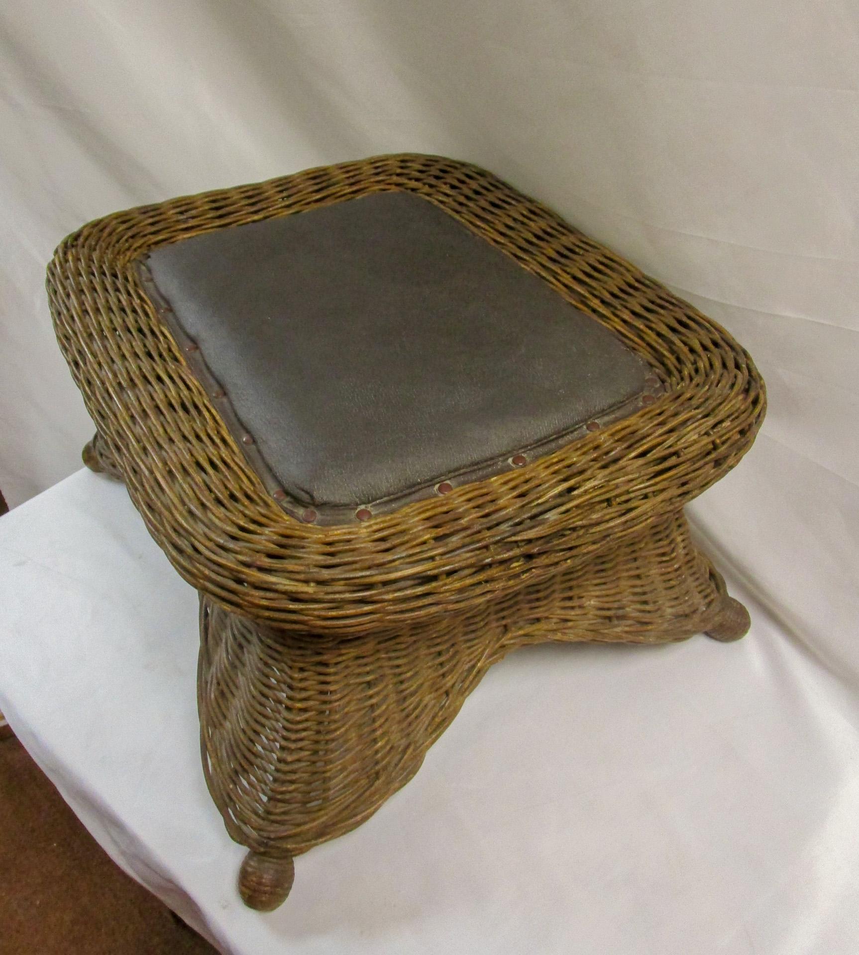 Edwardian Natural Wicker Antique Footstool Heywood Brothers & Wakefield Co. w/Leather Seat For Sale