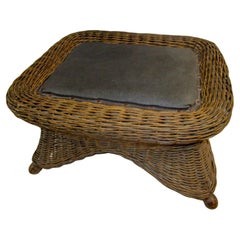 Natural Wicker Antique Footstool Heywood Brothers & Wakefield Co. w/Leather Seat