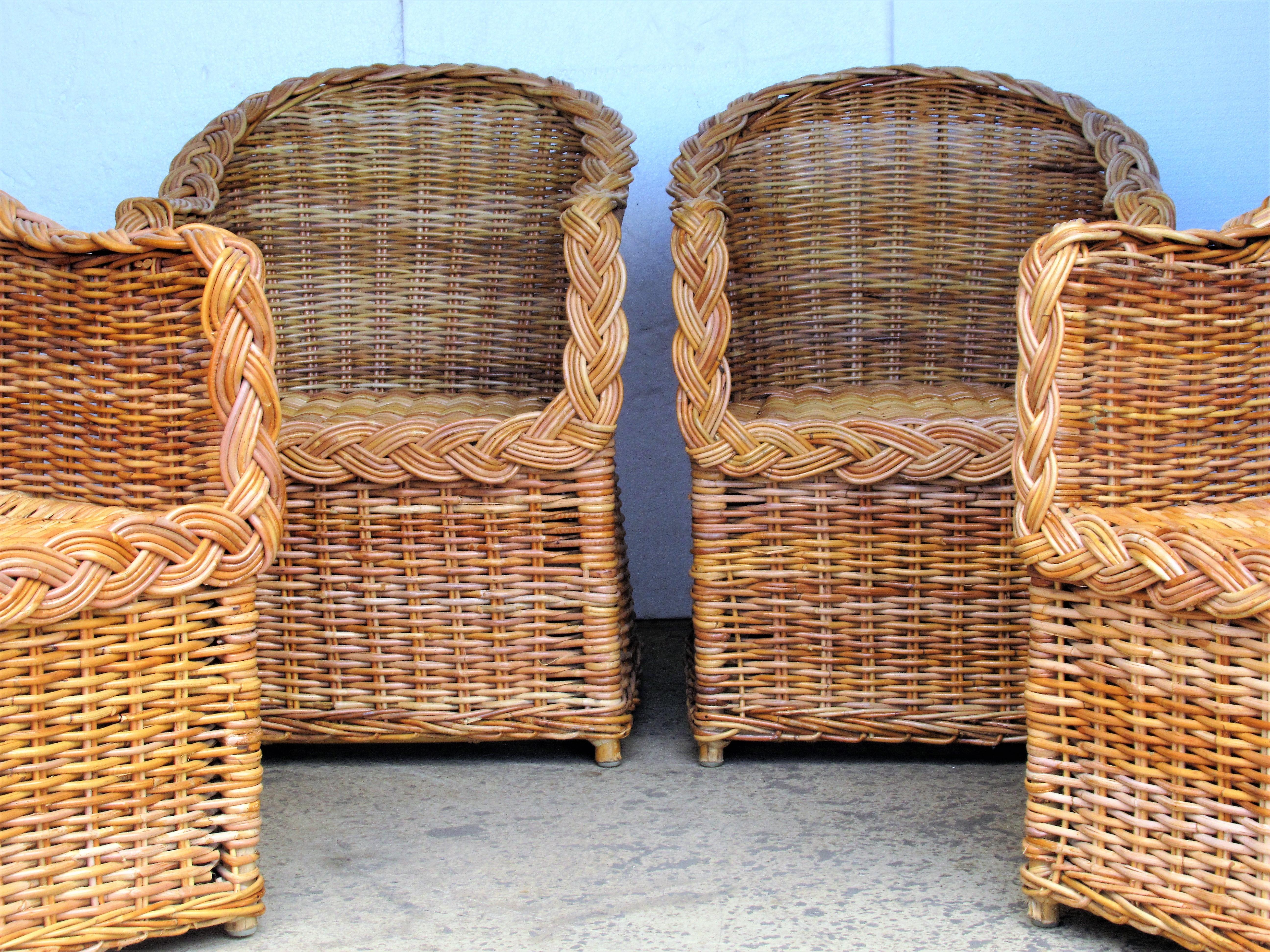 Four matching vintage signed Kreiss Collection natural woven and braided wicker rattan lounge chairs in beautiful glowing honey colored surface. California Modern casual design - circa 1970. Look at all pictures and read condition report in comment