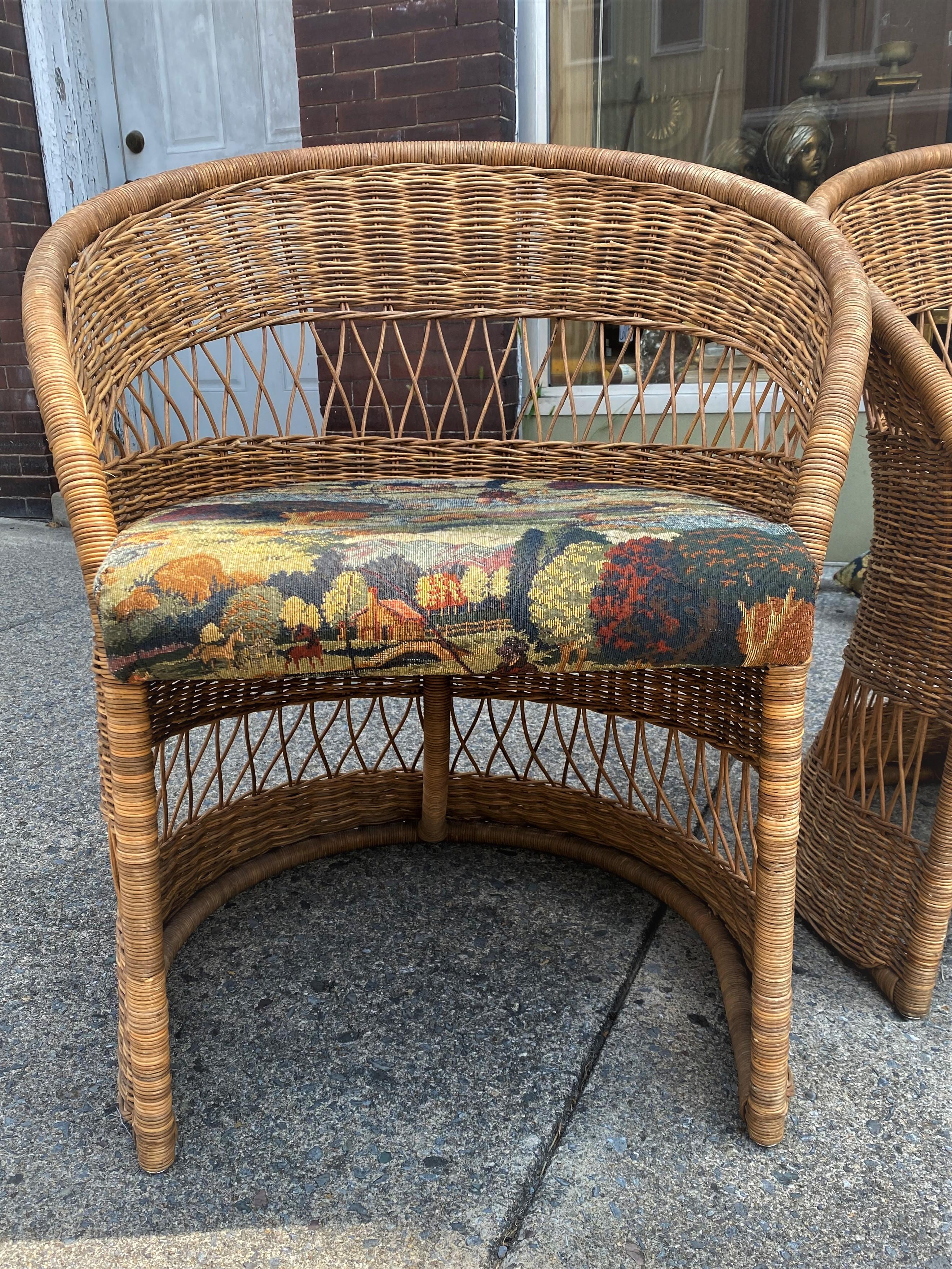 Mid-Century Modern Natural Wicker/Rattan Mid Century Tulip/Barrel Chairs W/ Fishing Upholstery Pair For Sale
