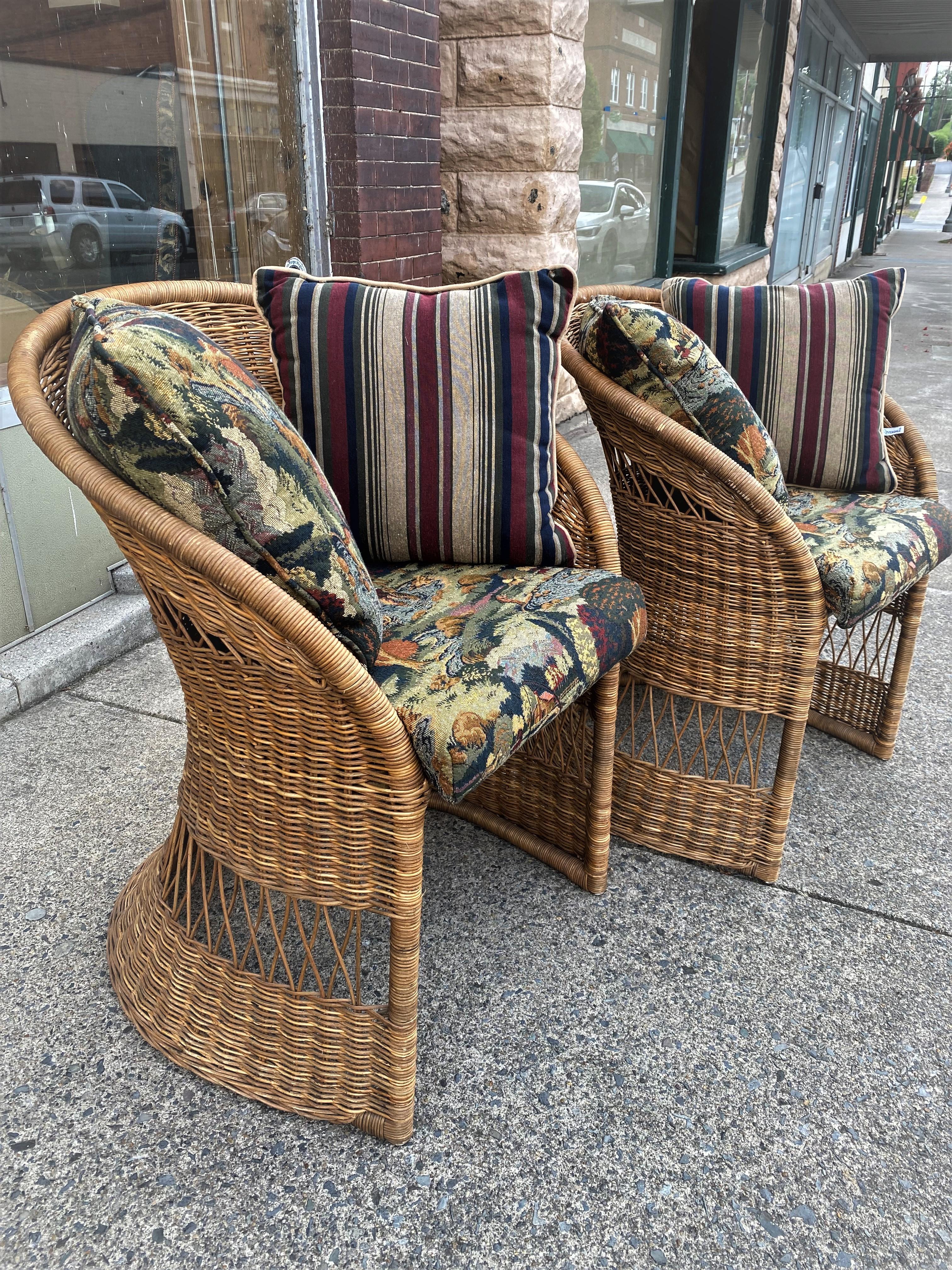 Woven Natural Wicker/Rattan Mid Century Tulip/Barrel Chairs W/ Fishing Upholstery Pair For Sale