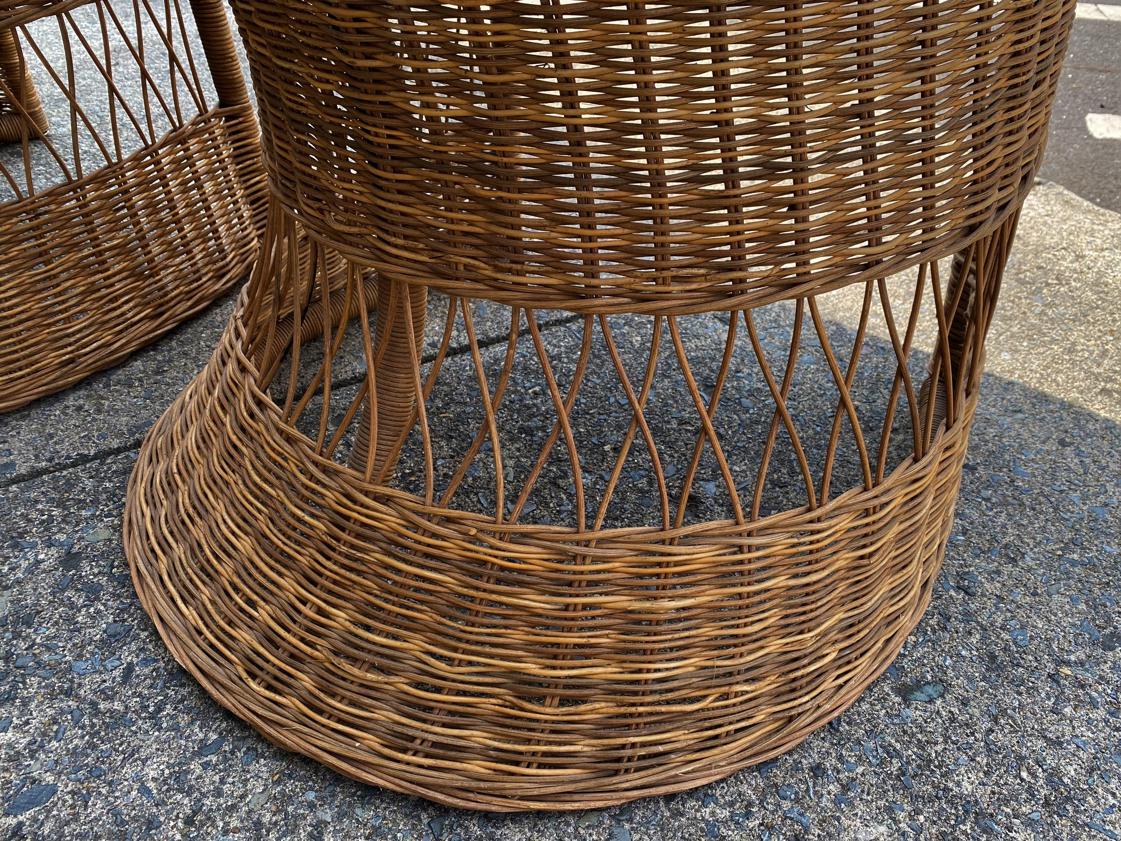 Natural Wicker/Rattan Mid Century Tulip/Barrel Chairs W/ Fishing Upholstery Pair For Sale 2