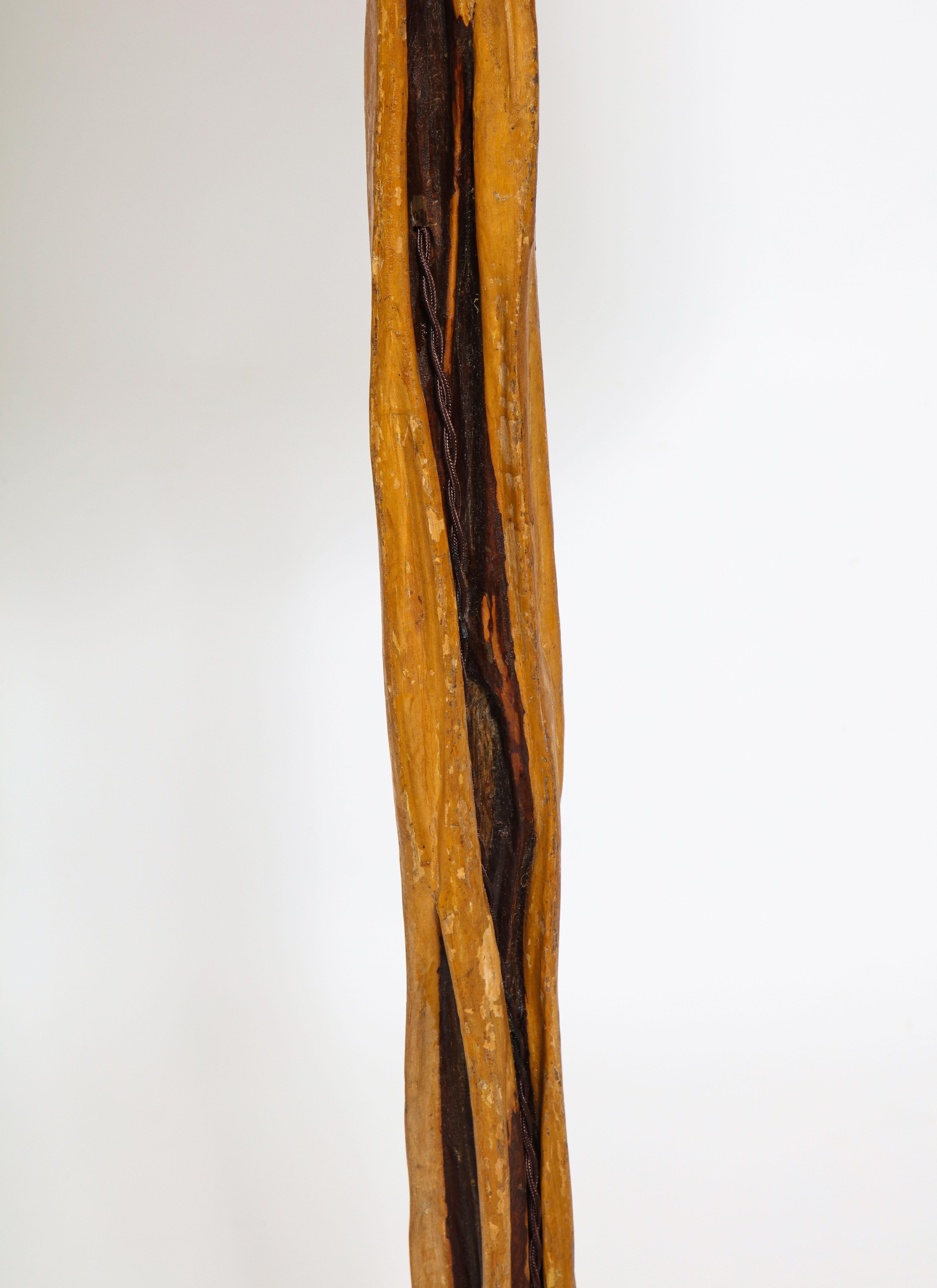Mid-Century Modern Natural Wood and Brass Floor Lamp, France 1960's For Sale