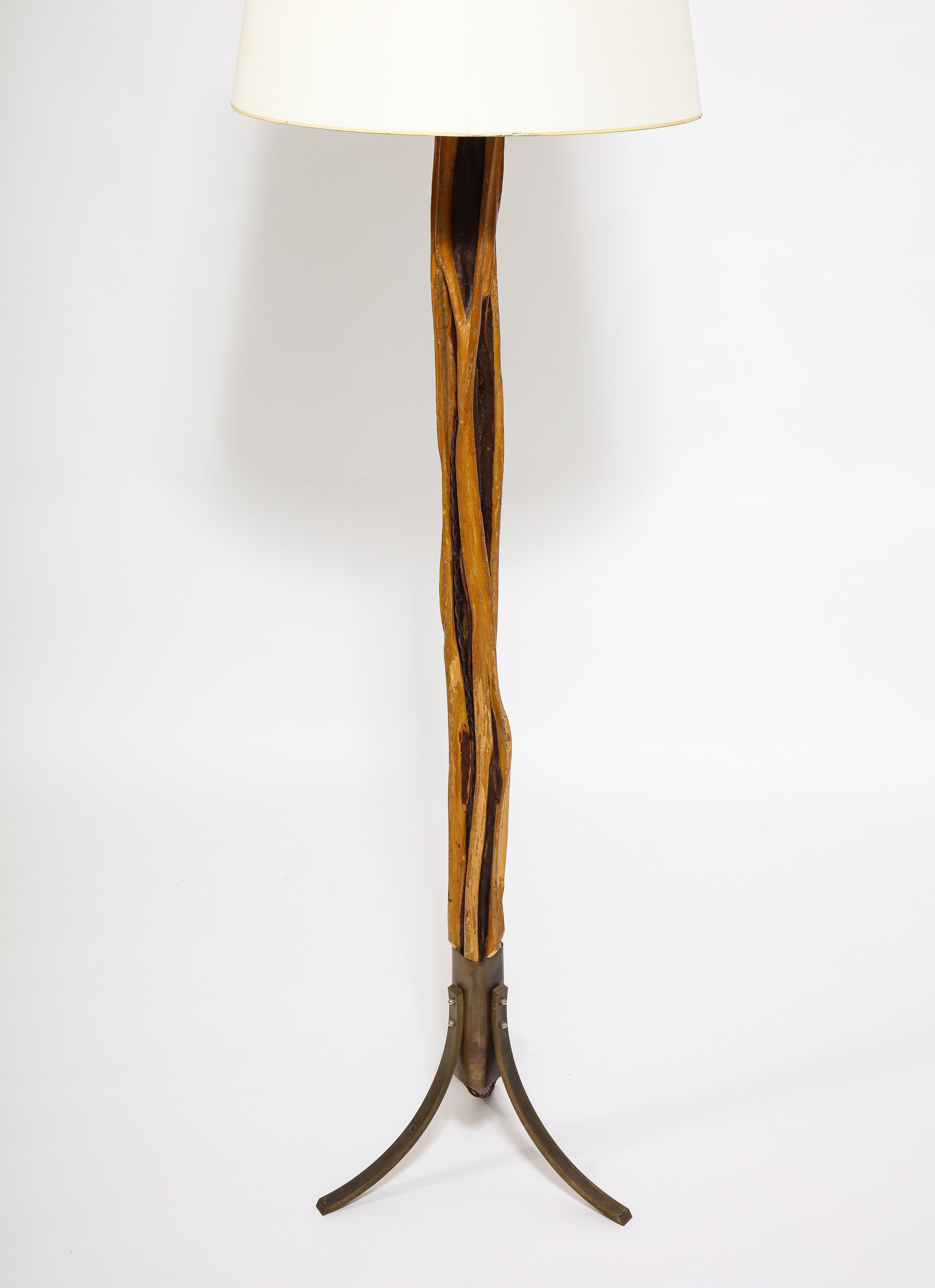 French Natural Wood and Brass Floor Lamp, France 1960's For Sale