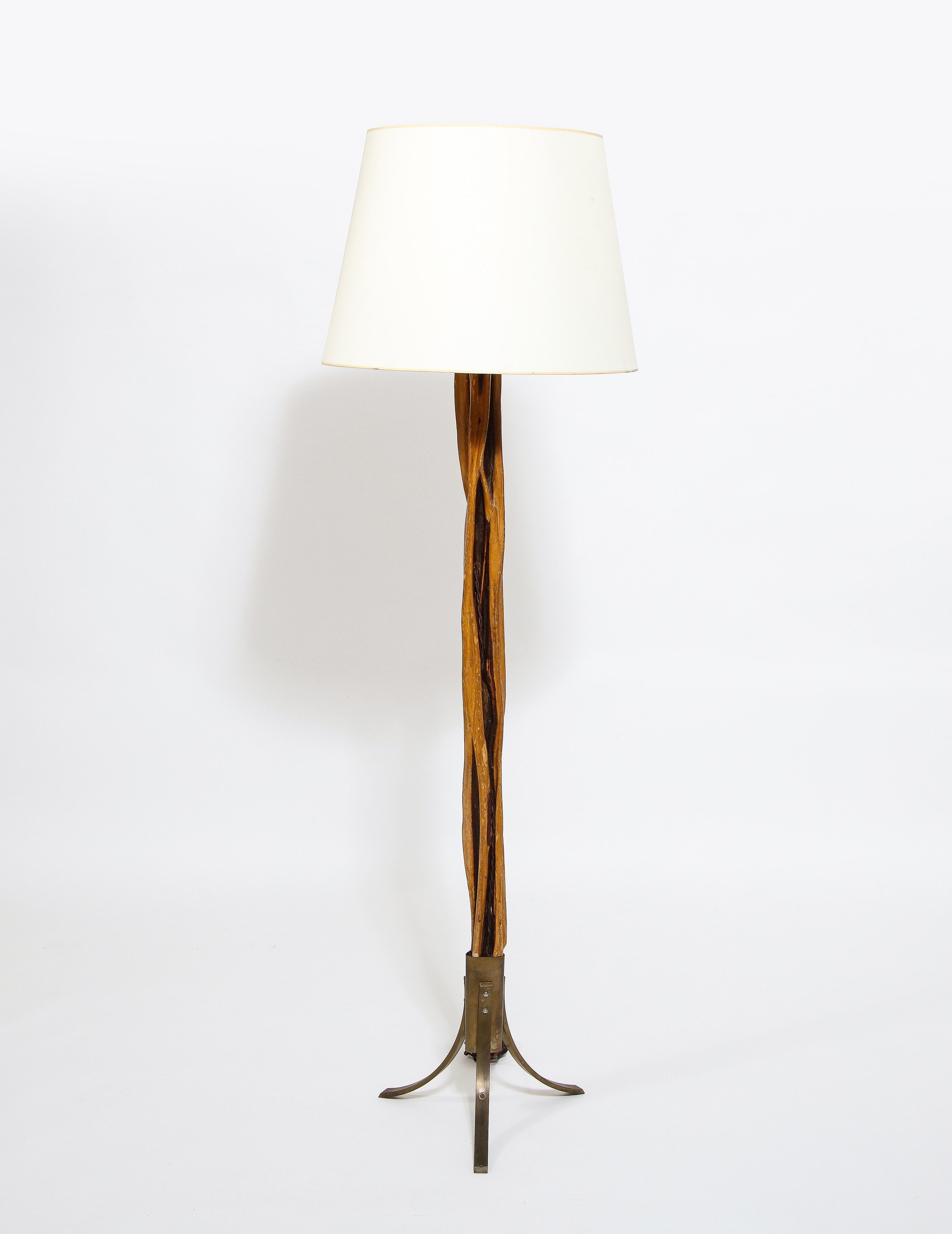 Natural Wood and Brass Floor Lamp, France 1960's For Sale 1