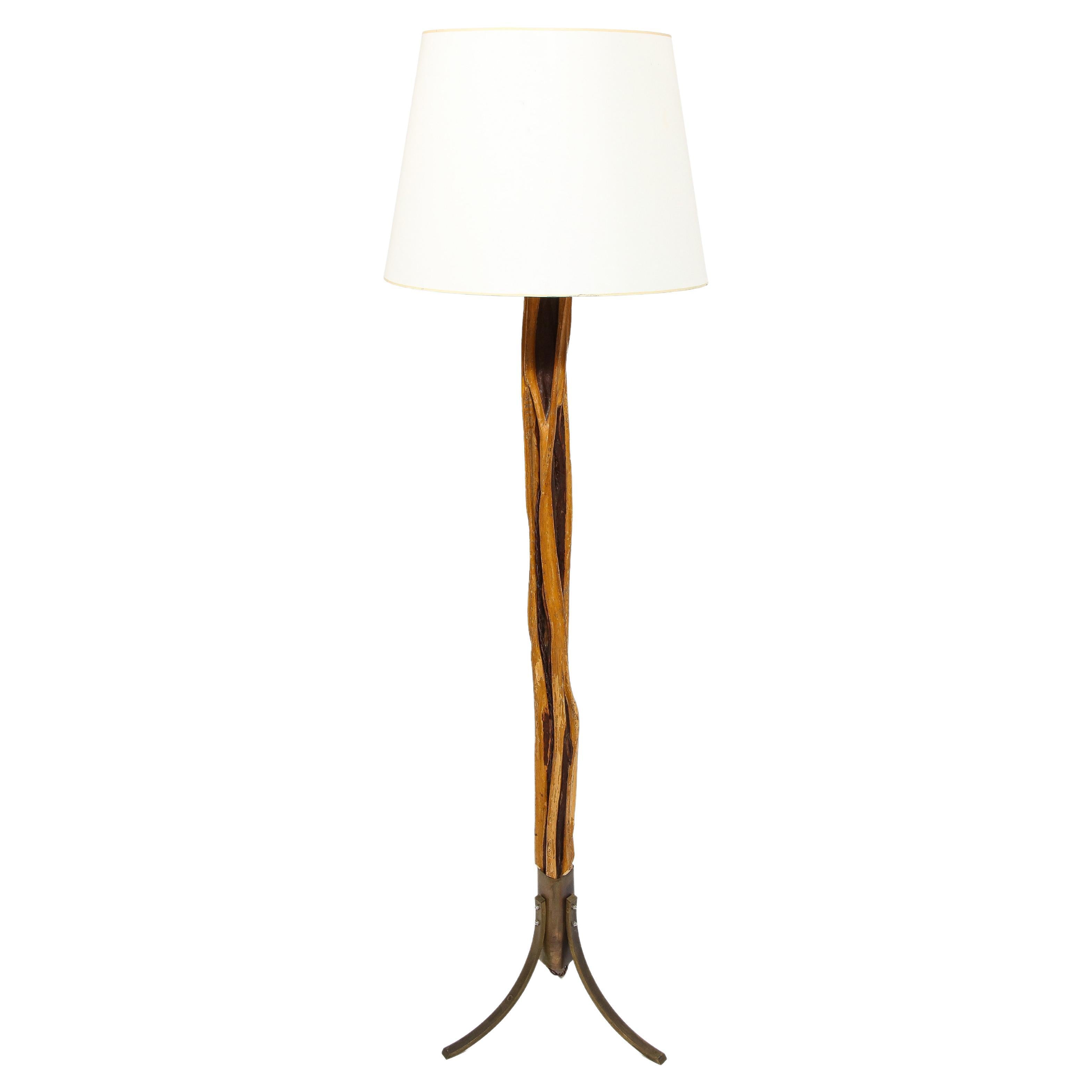 Natural Wood and Brass Floor Lamp, France 1960's For Sale