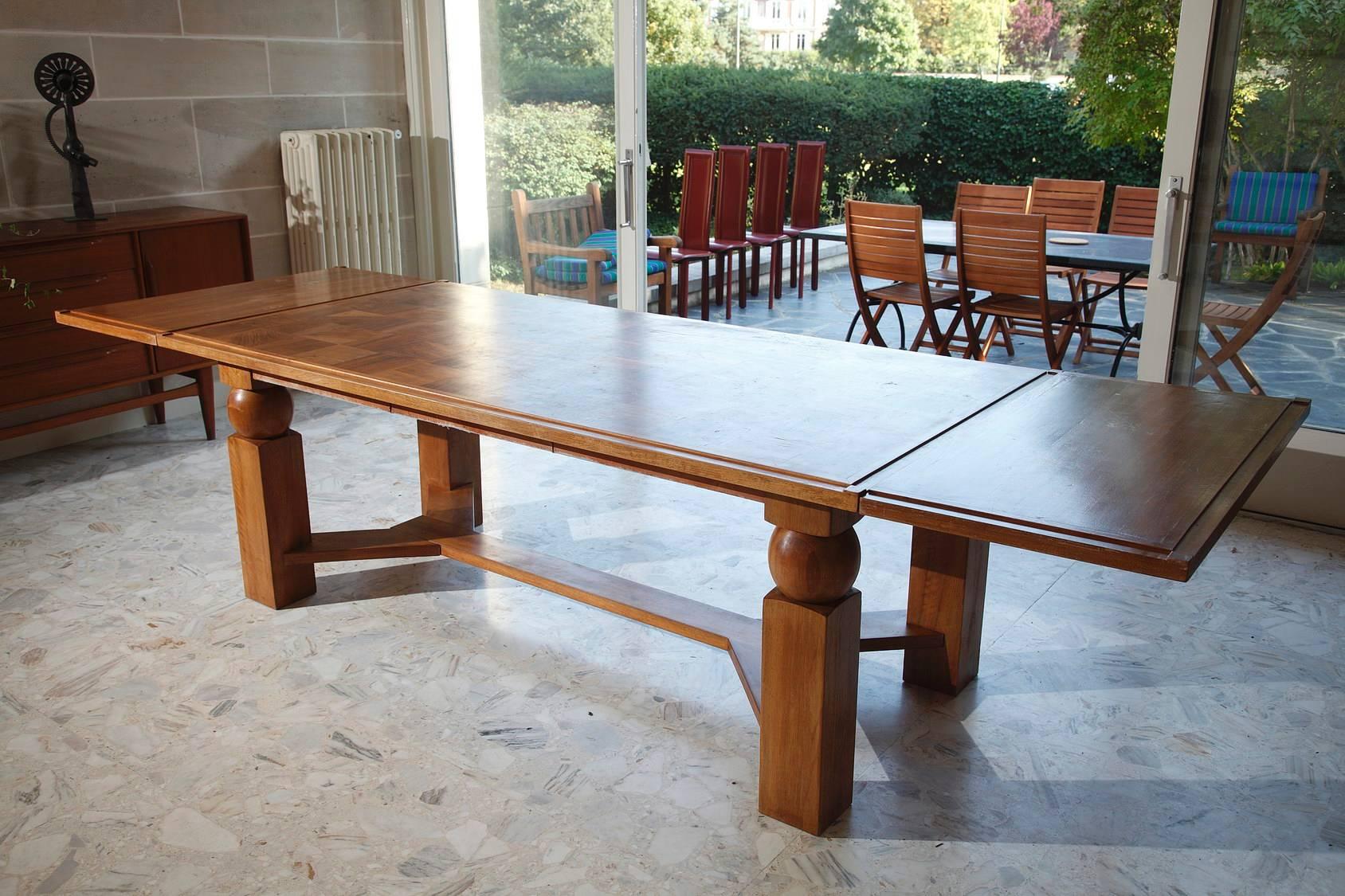 French Natural Wood Dining Table with 2 Extensions by Baptistin Spade