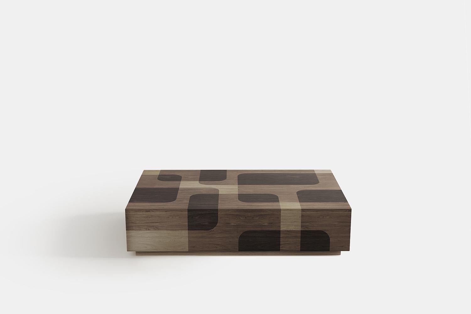 Quadratischer Couchtisch Bodega aus warmem Holz mit Intarsien aus Furnier von Joel Escalona (Moderne der Mitte des Jahrhunderts) im Angebot
