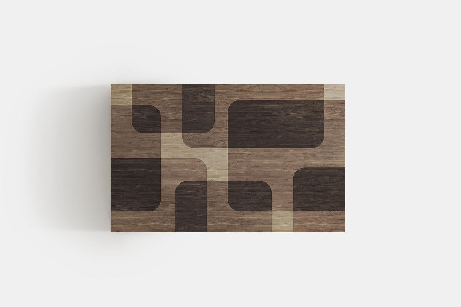 Quadratischer Couchtisch Bodega aus warmem Holz mit Intarsien aus Furnier von Joel Escalona (Mexikanisch) im Angebot