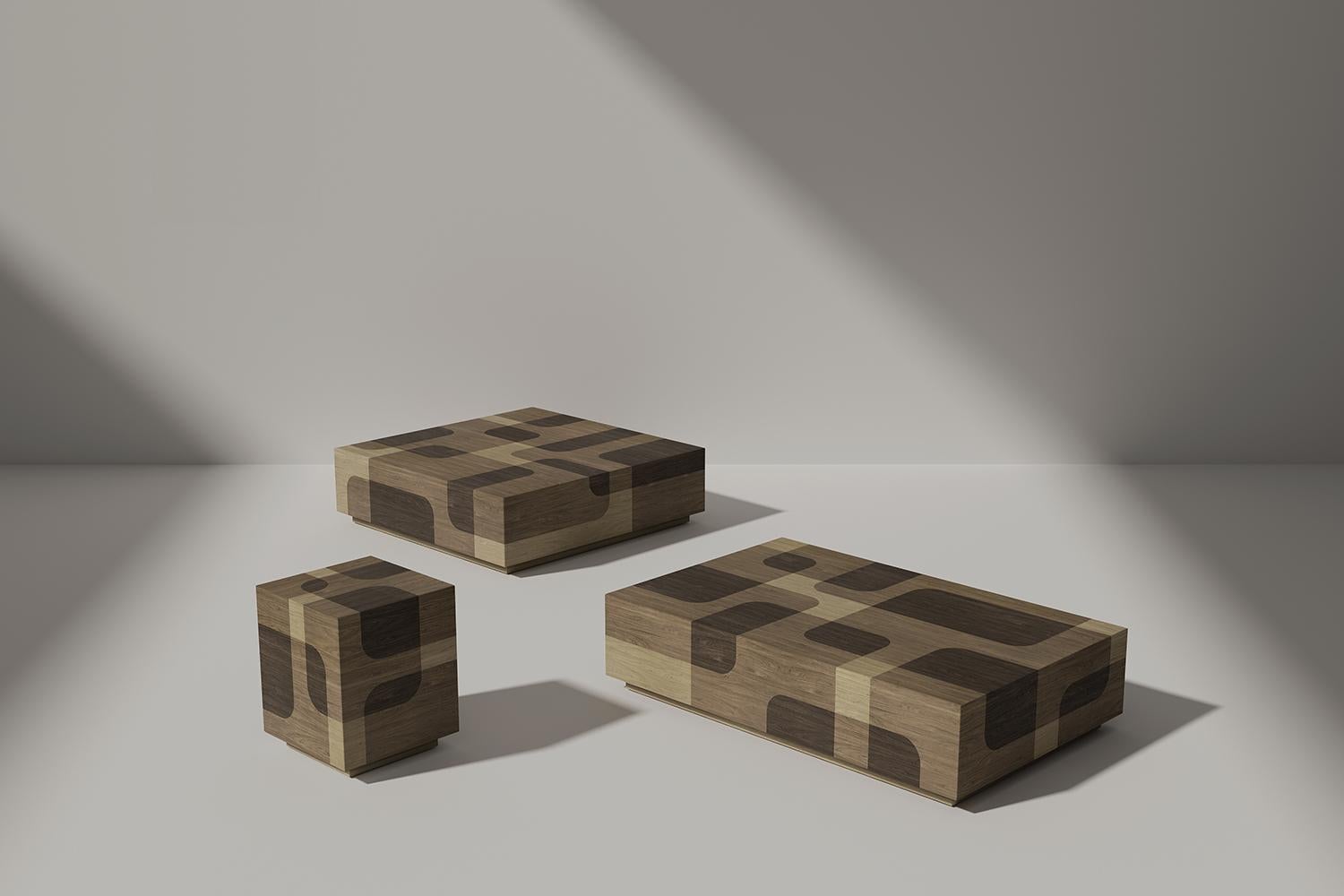 Placage Table basse carrée Bodega, en placage de bois chaud, par Joel Escalona en vente