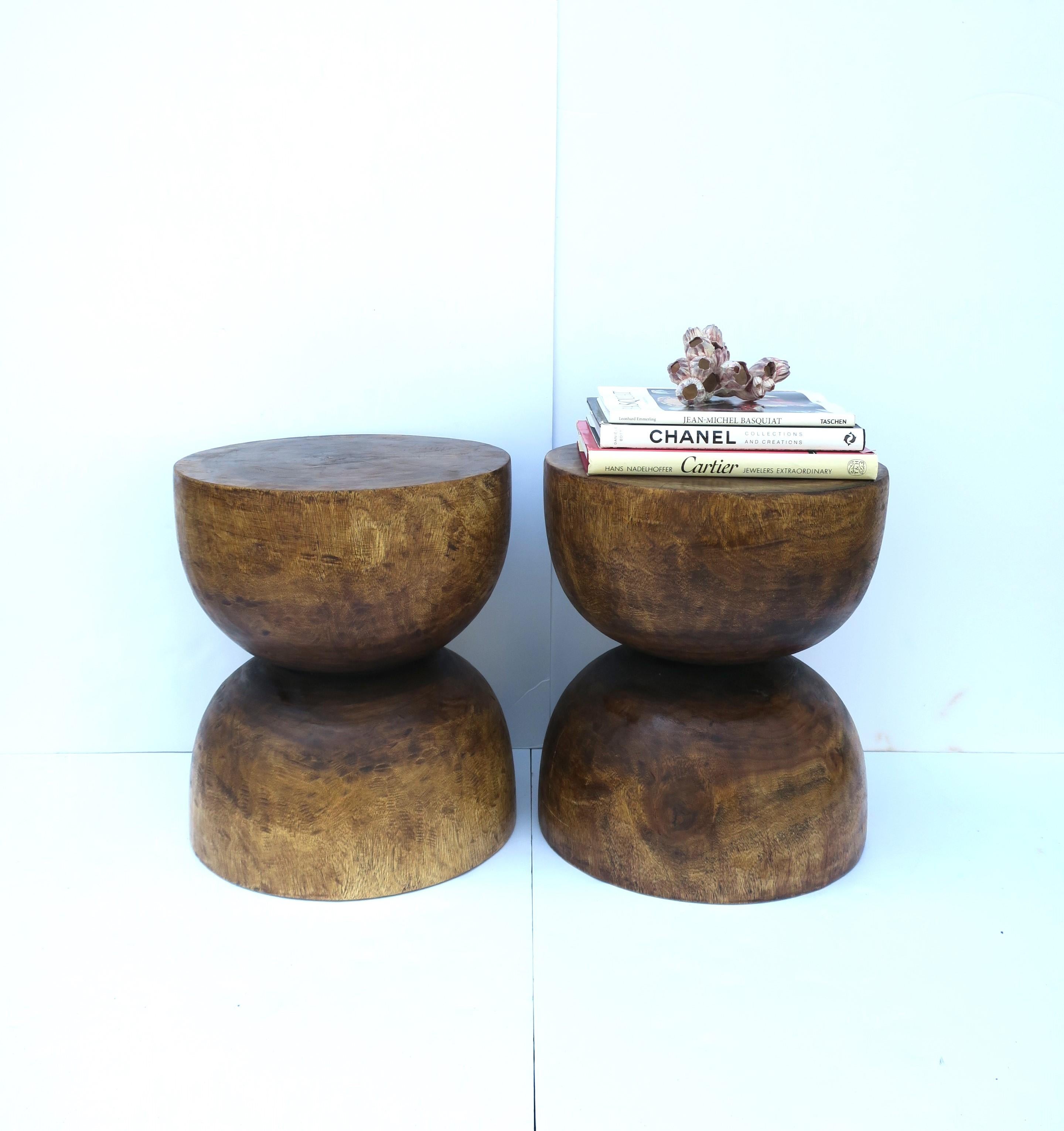 Organic Modern Natural Wood Round Side End Drinks Pedestal Tables or Stools, Pair