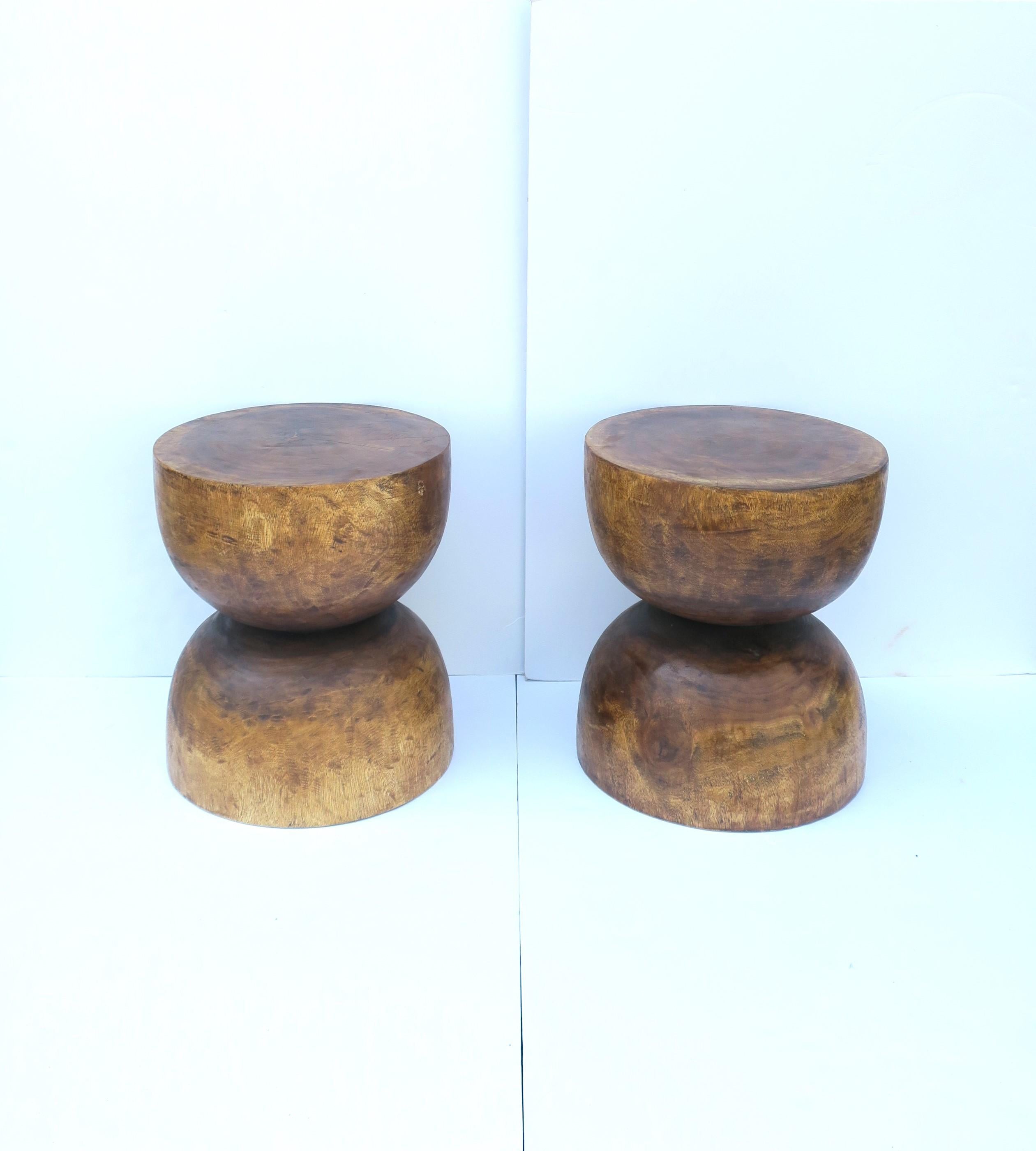 Contemporary Natural Wood Round Side End Drinks Pedestal Tables or Stools, Pair
