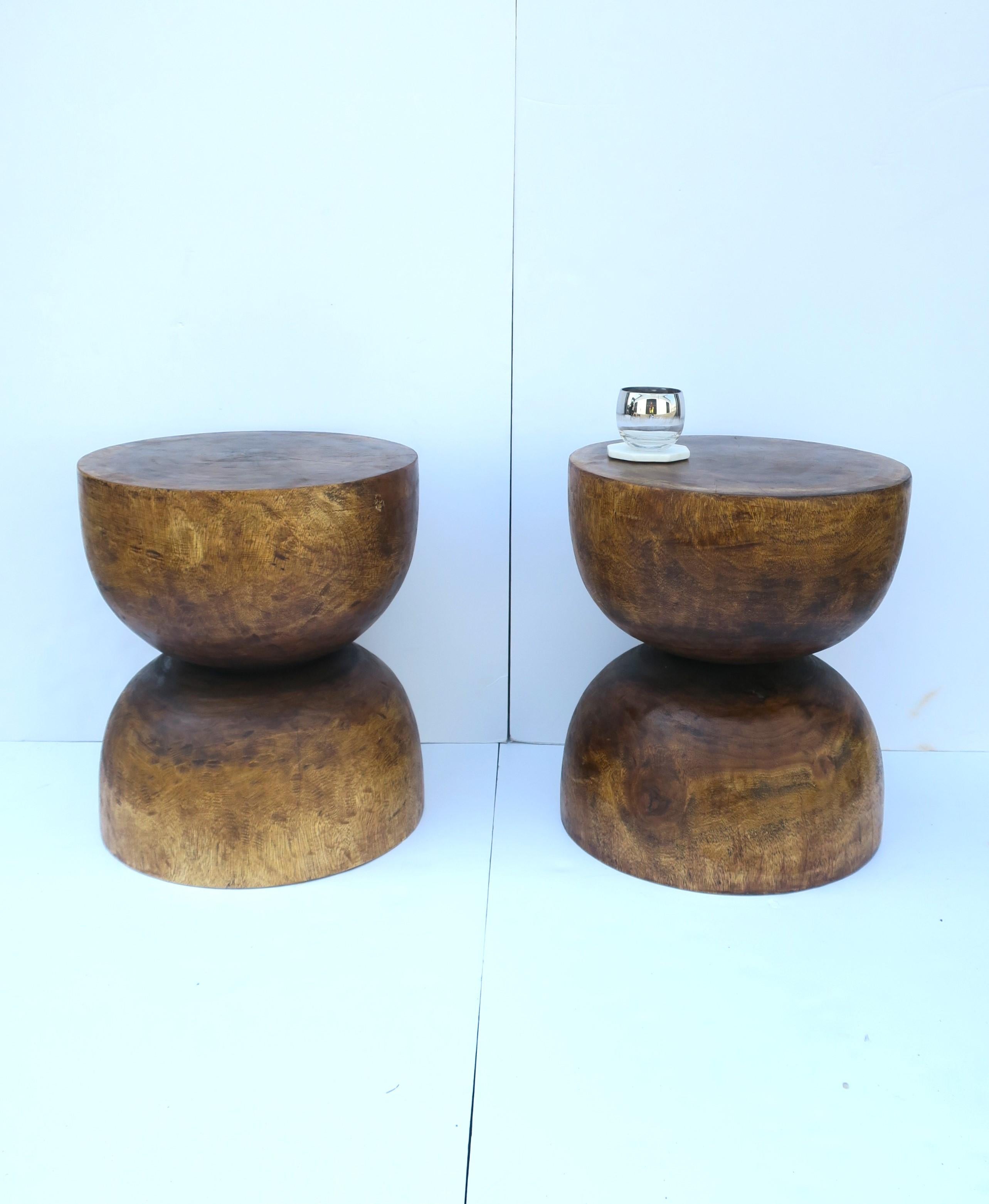 Natural Wood Round Side End Drinks Pedestal Tables or Stools, Pair 1