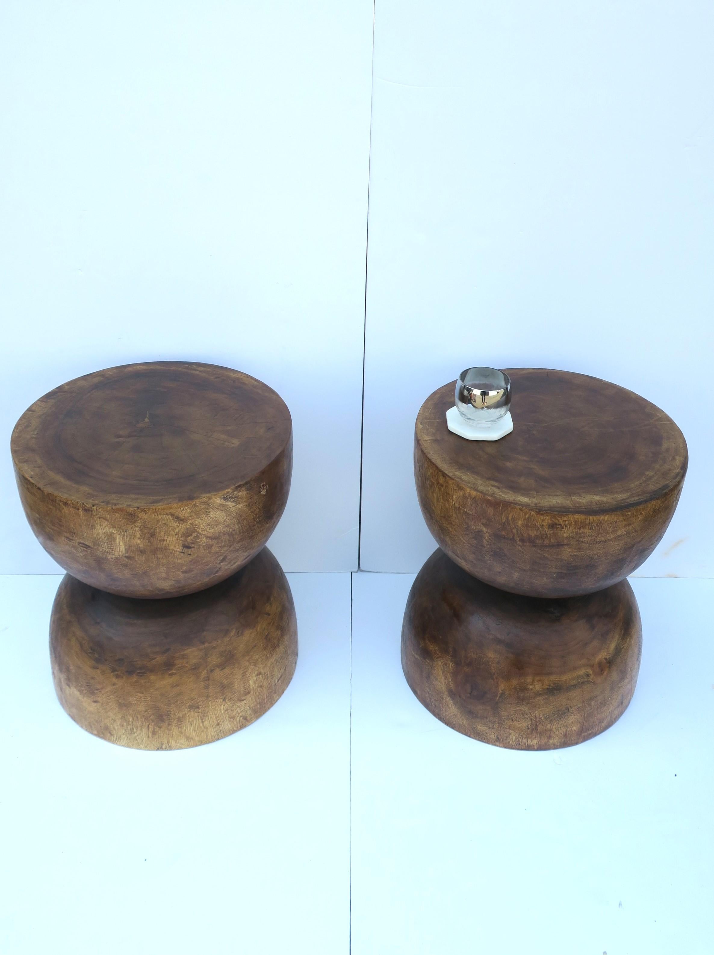 Natural Wood Round Side End Drinks Pedestal Tables or Stools, Pair 2