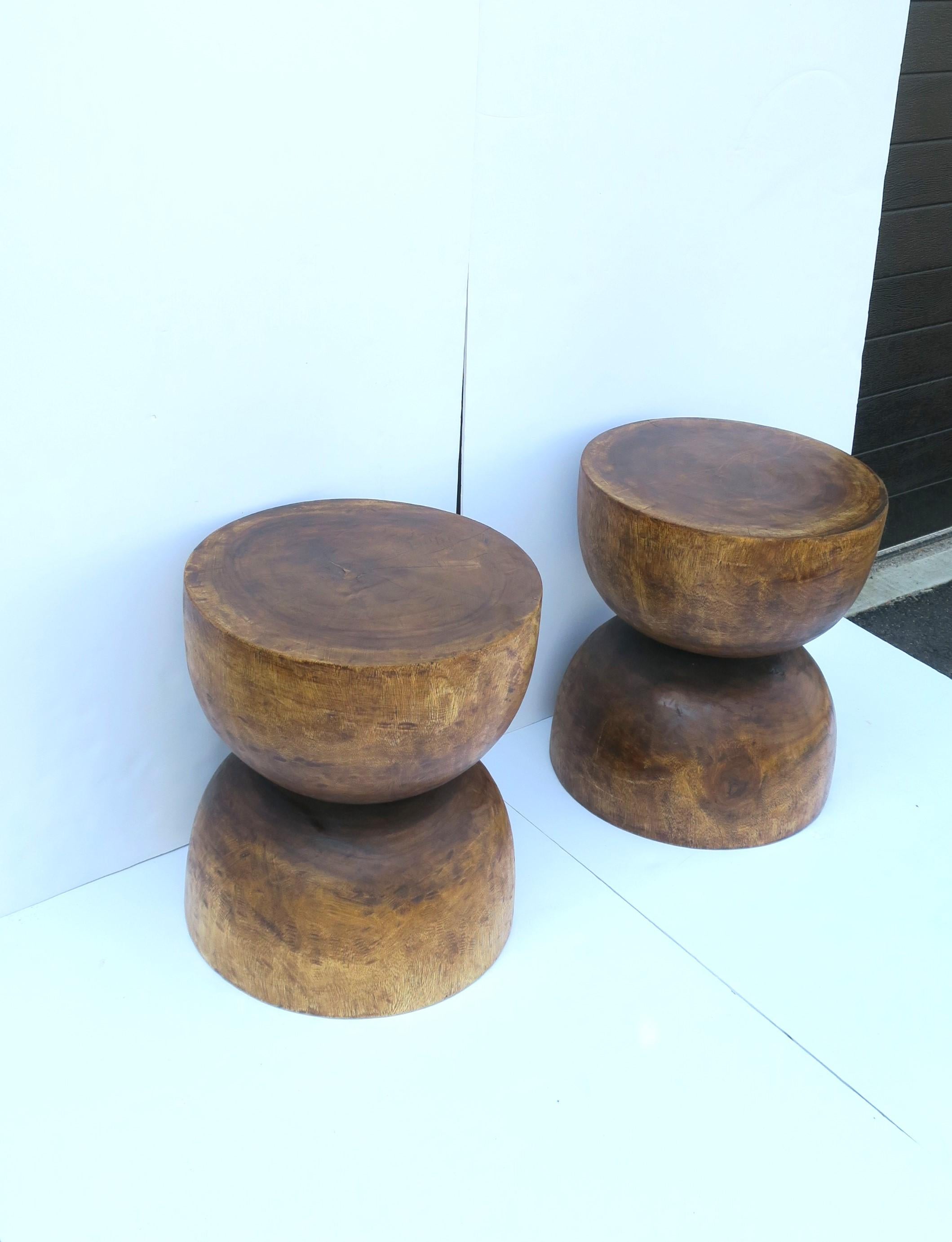 Natural Wood Round Side End Drinks Pedestal Tables or Stools, Pair 3