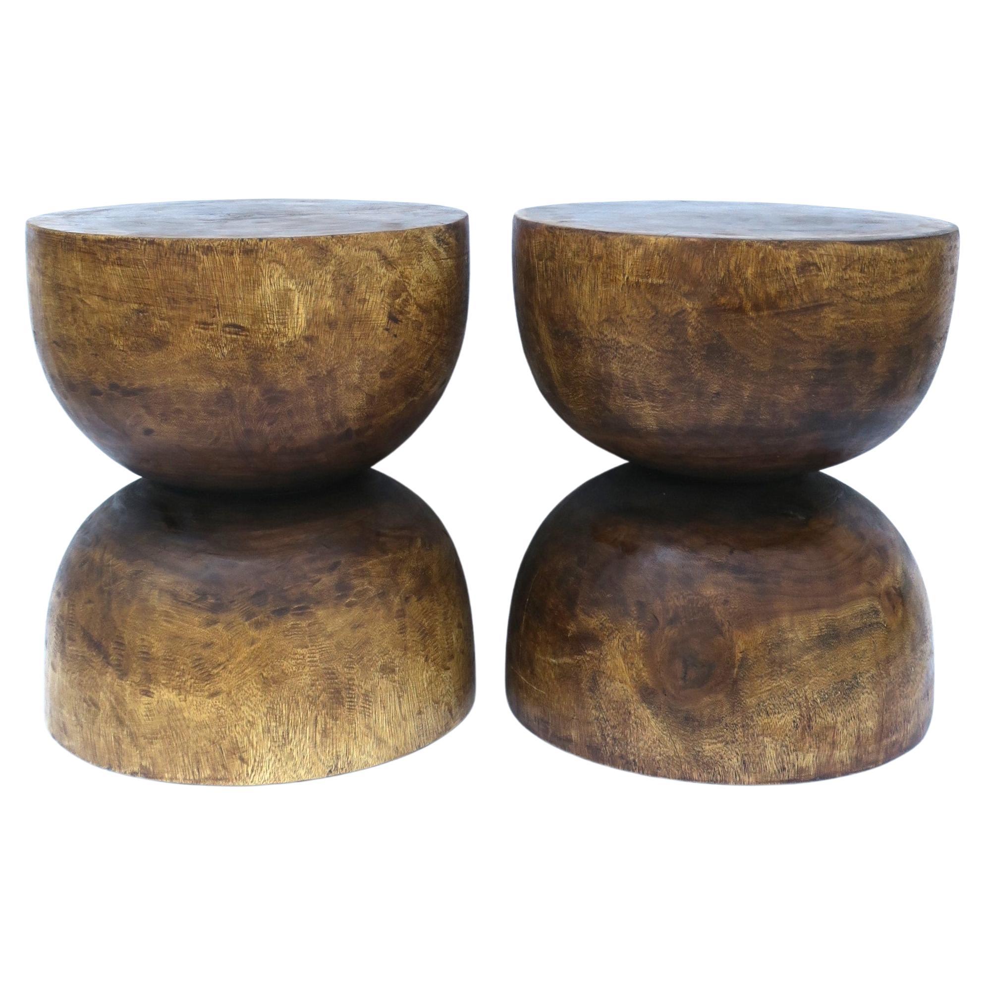 Natural Wood Round Side End Drinks Pedestal Tables or Stools, Pair