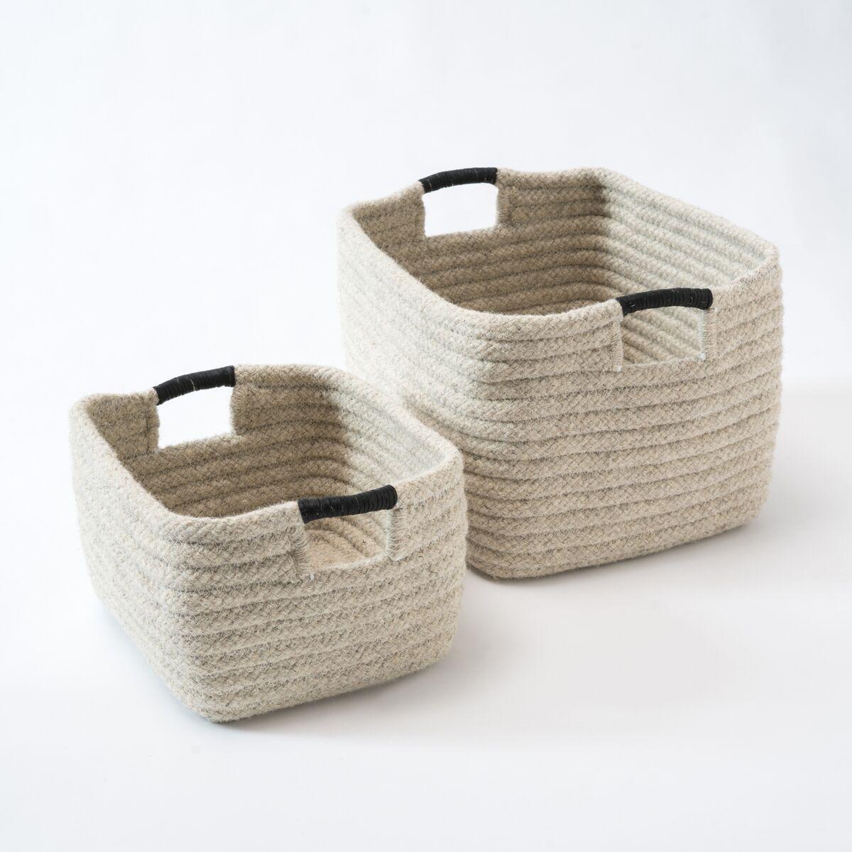 Organic Modern Natural Wool Basket in Light Grey, Leather Wrap Handles, Custom Crafted in USA