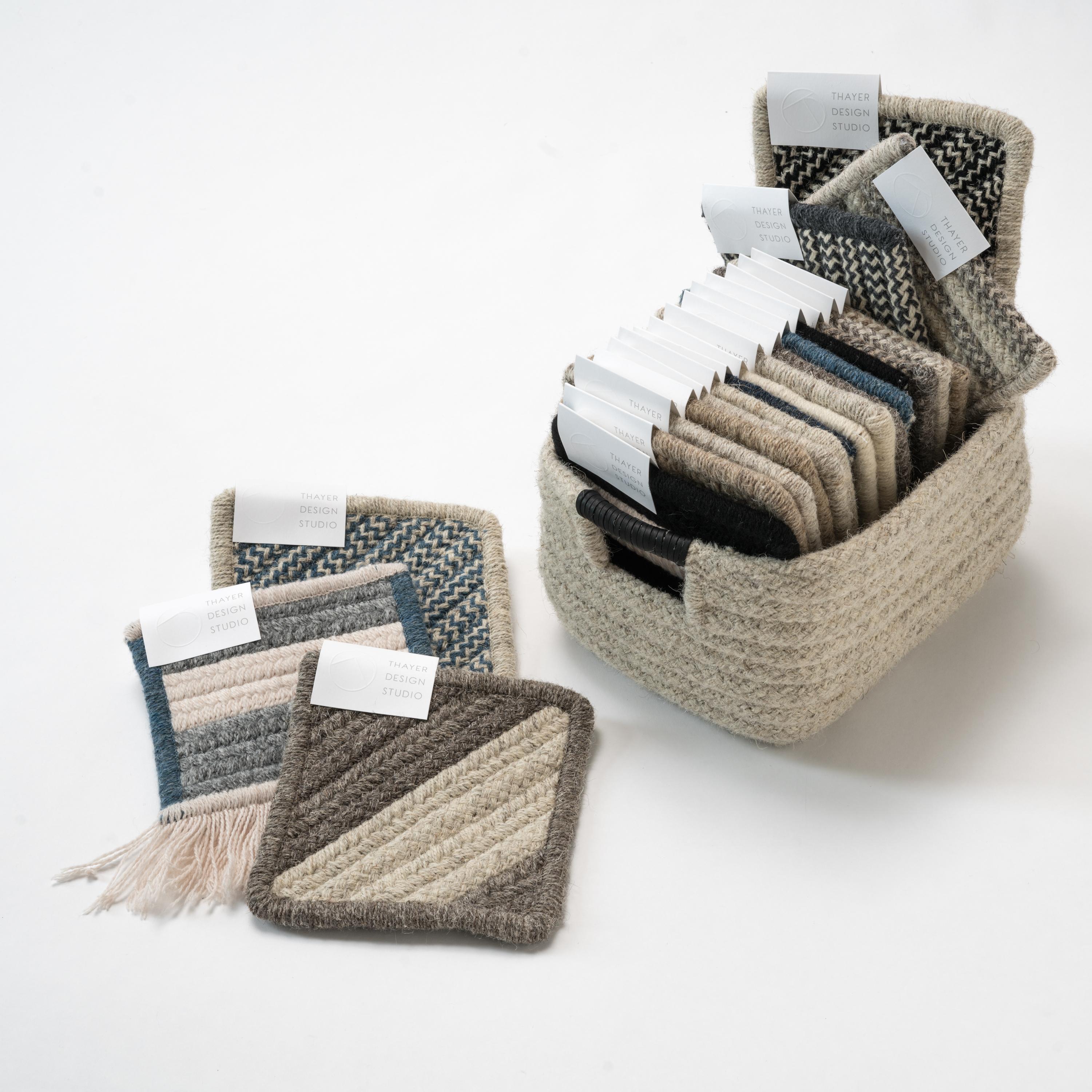 Organic Modern Natural Wool Basket in Light Grey, Leather Wrap Handles, Woven in the USA For Sale