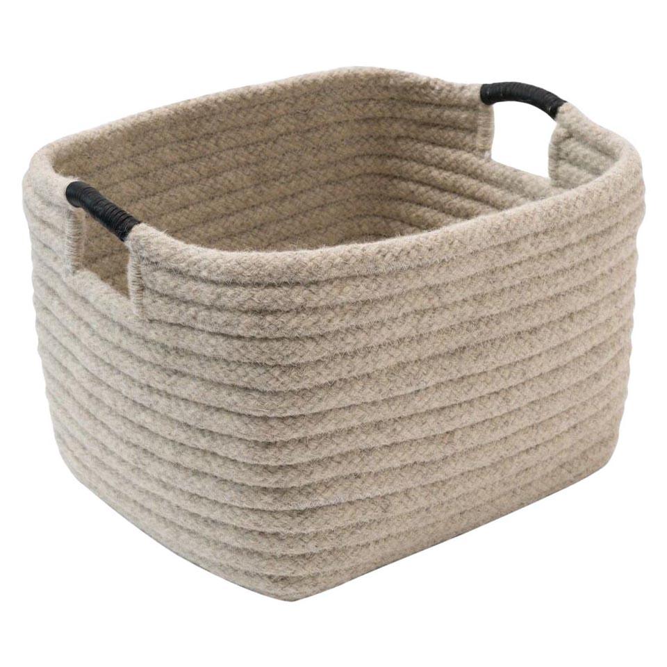 Natural Wool Basket in Light Grey, Leather Wrap Handles, Woven in the USA For Sale