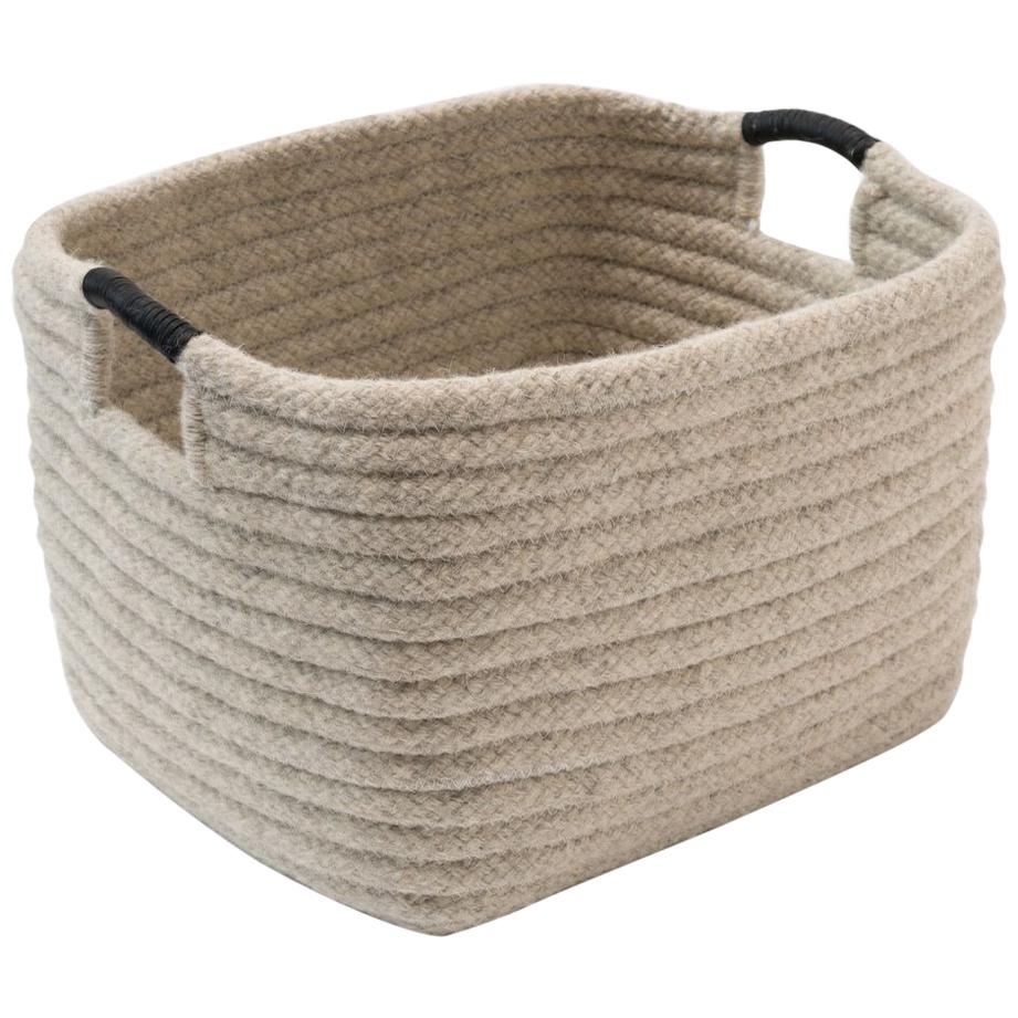 Natural Wool Basket in Light Grey, Leather Wrap Handles, Woven in the USA