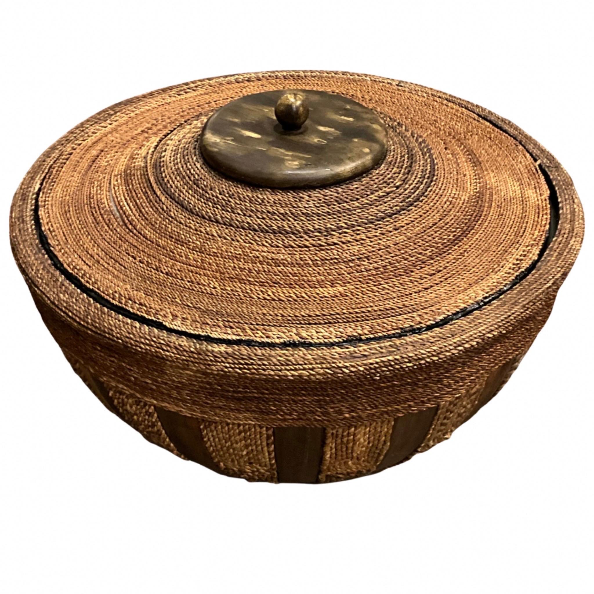Natural Woven Fiber & Wood Container with Lid 2