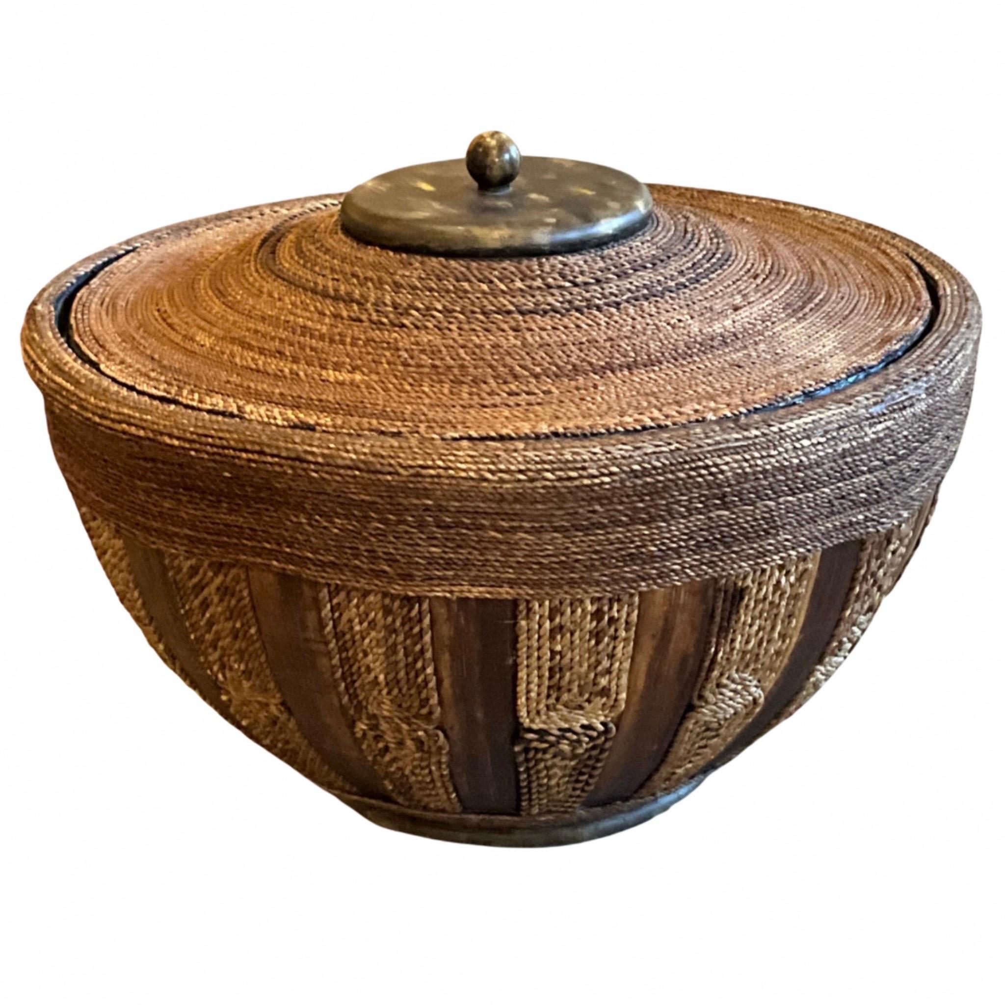 Natural Woven Fiber & Wood Container with Lid