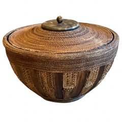 Vintage Natural Woven Fiber & Wood Container with Lid