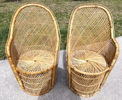 Natural Woven Rattan/Wicker Mid Century Barrel Chairs a Pair