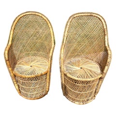 Natural Woven Rattan/Wicker Mid Century Barrel Chairs a Pair
