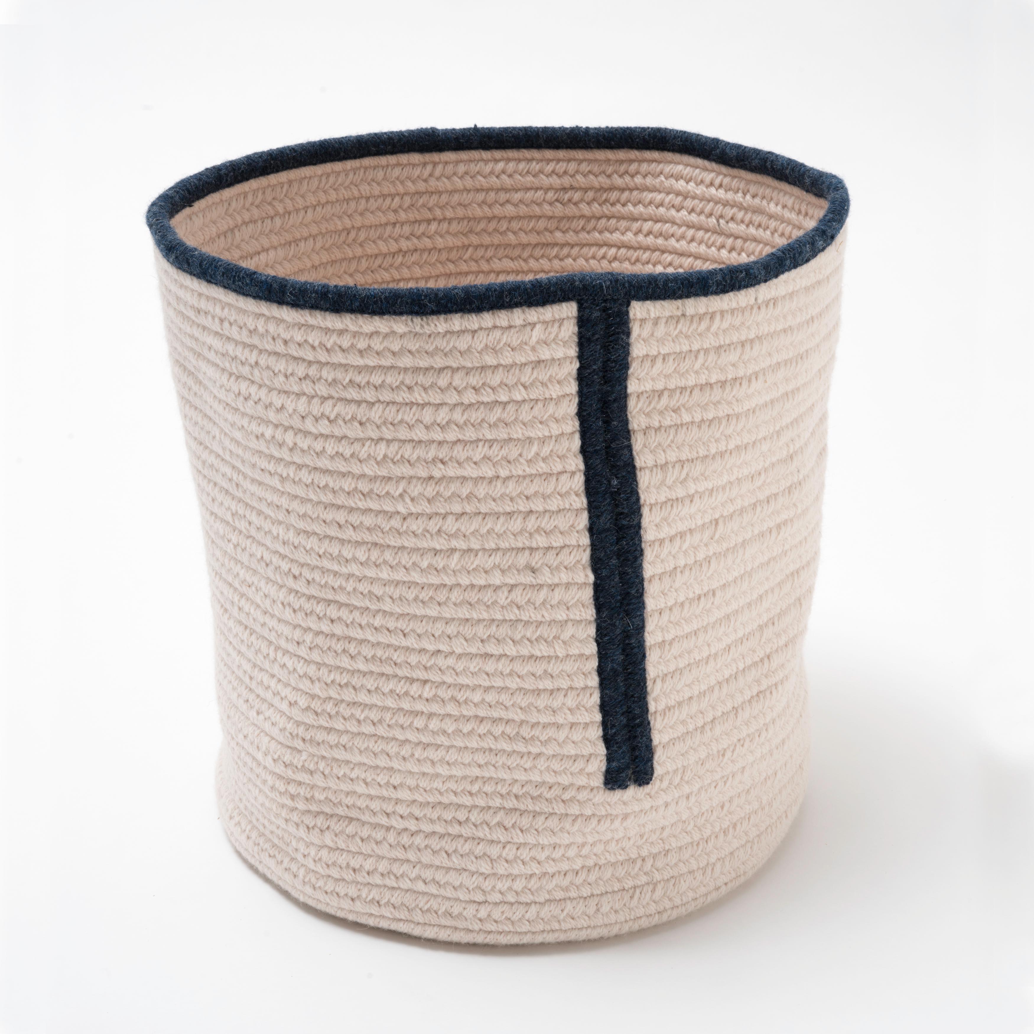 Natural Woven Wool Basket in Black White, Custom Made in the USA, Line Design For Sale 3