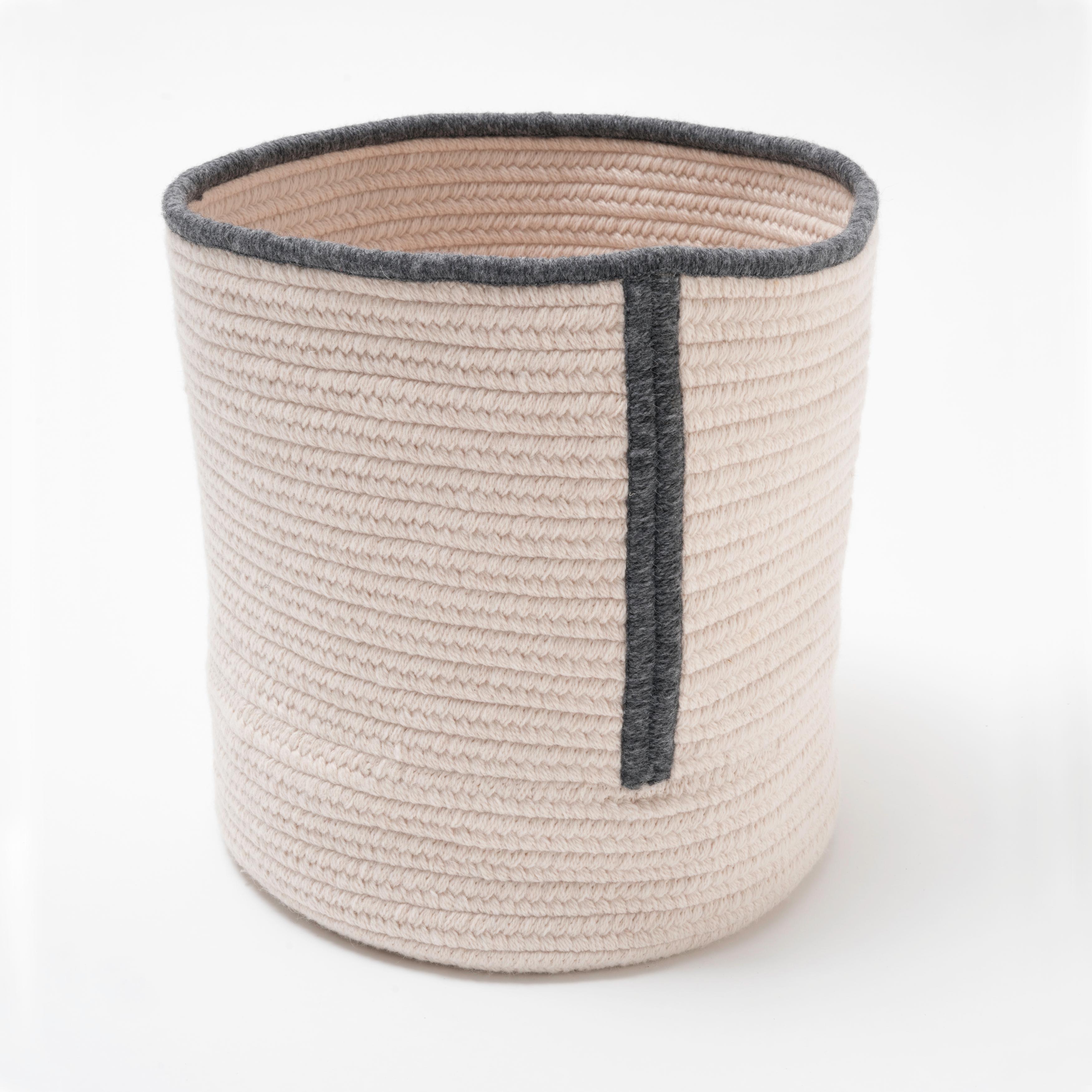 Natural Woven Wool Basket in Black White, Custom Made in the USA, Line Design For Sale 4