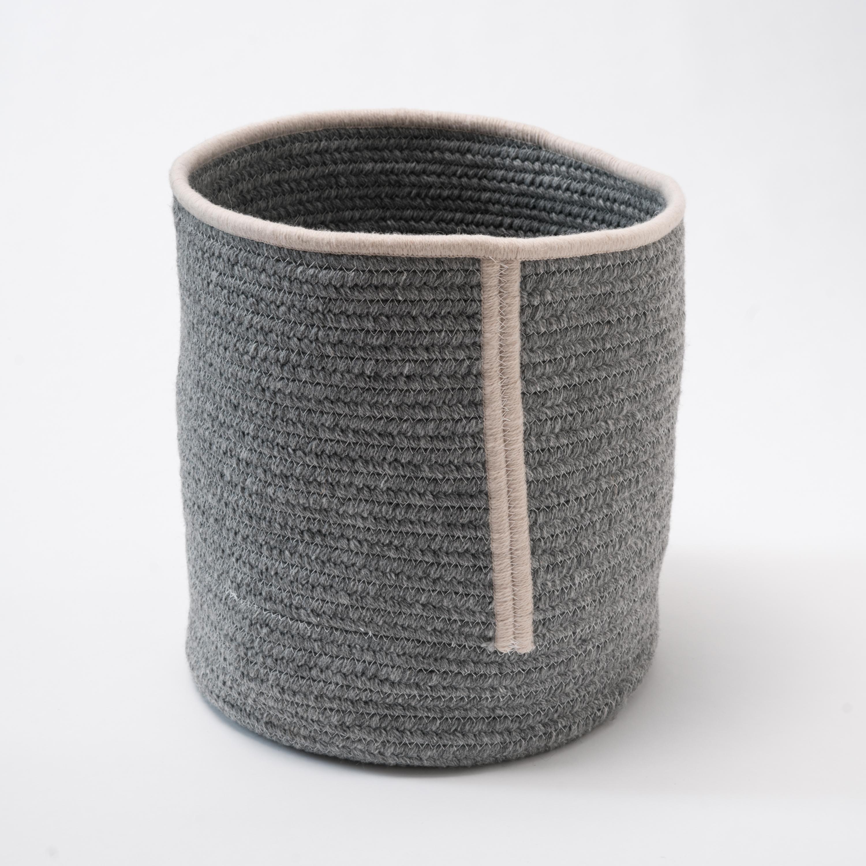 Natural Woven Wool Basket in Black White, Custom Made in the USA, Line Design For Sale 2
