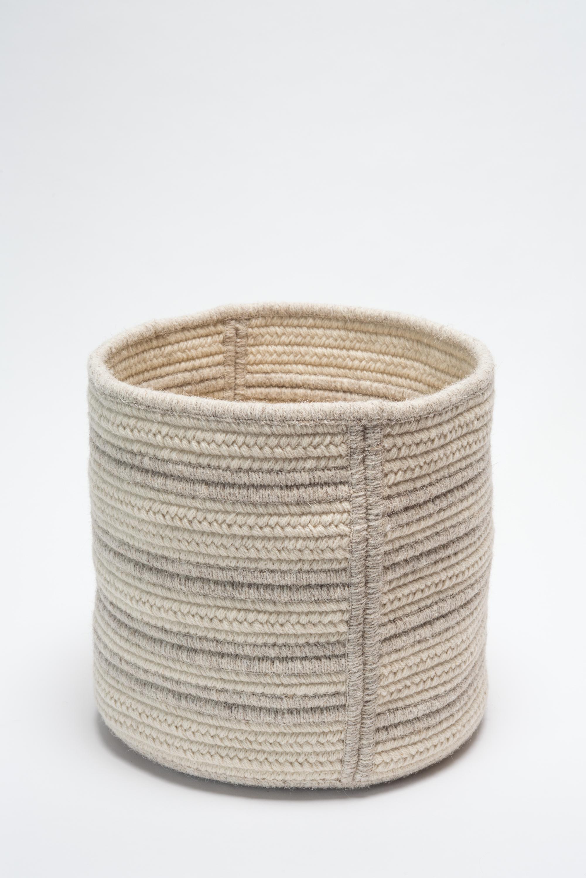 Contemporary Natural Woven Wool Basket in Dark Grey, Custom Crafted in the USA, Raised Line  For Sale