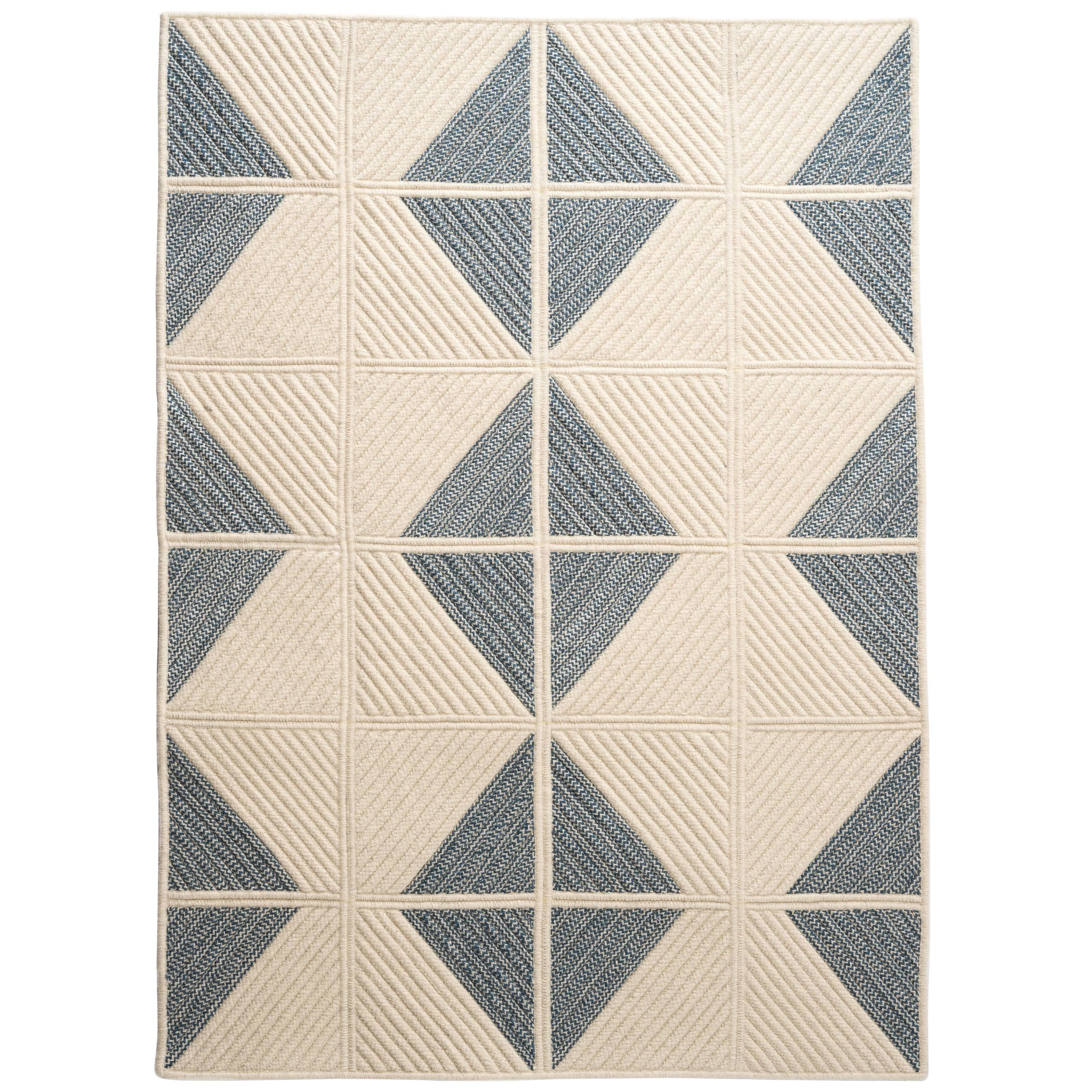 Sketch Woven Wool Rug in Blue & Cream, Custom Made in the USA For Sale