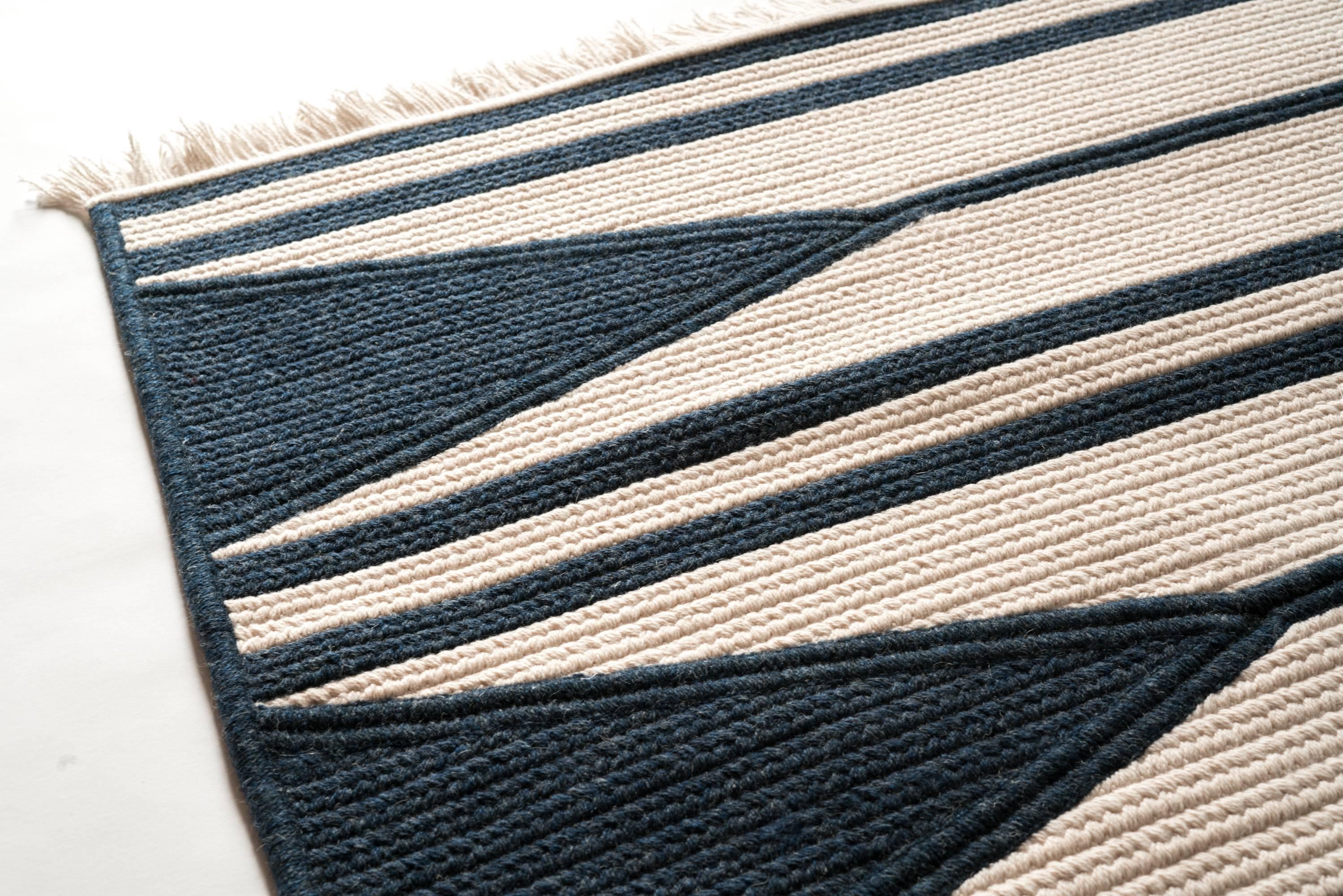 Aya Rug, Navy & White Woven Wool, Custom Made in the USA In New Condition For Sale In Milton, MA