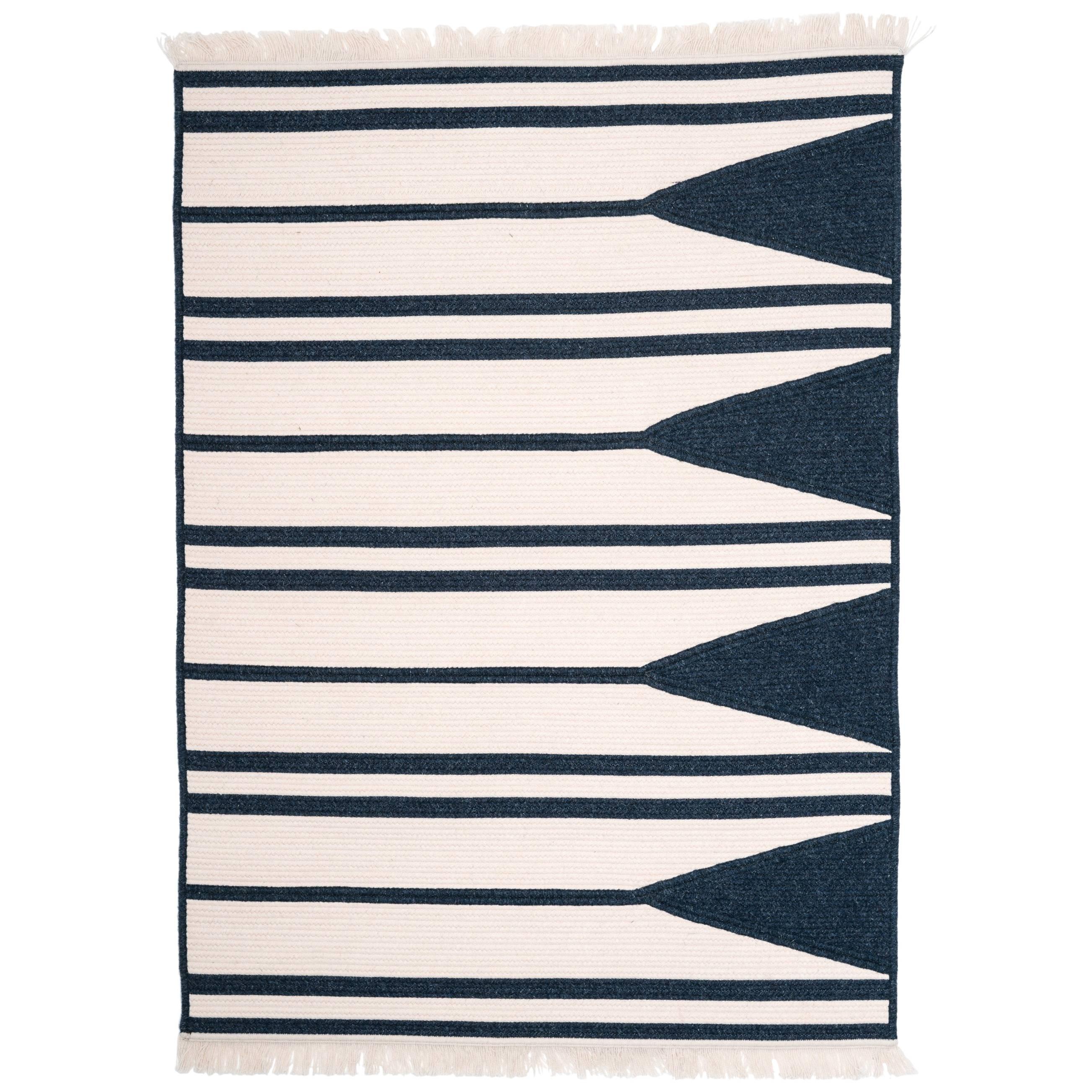 Aya Rug, Navy & White Woven Wool, Custom Made in the USA For Sale