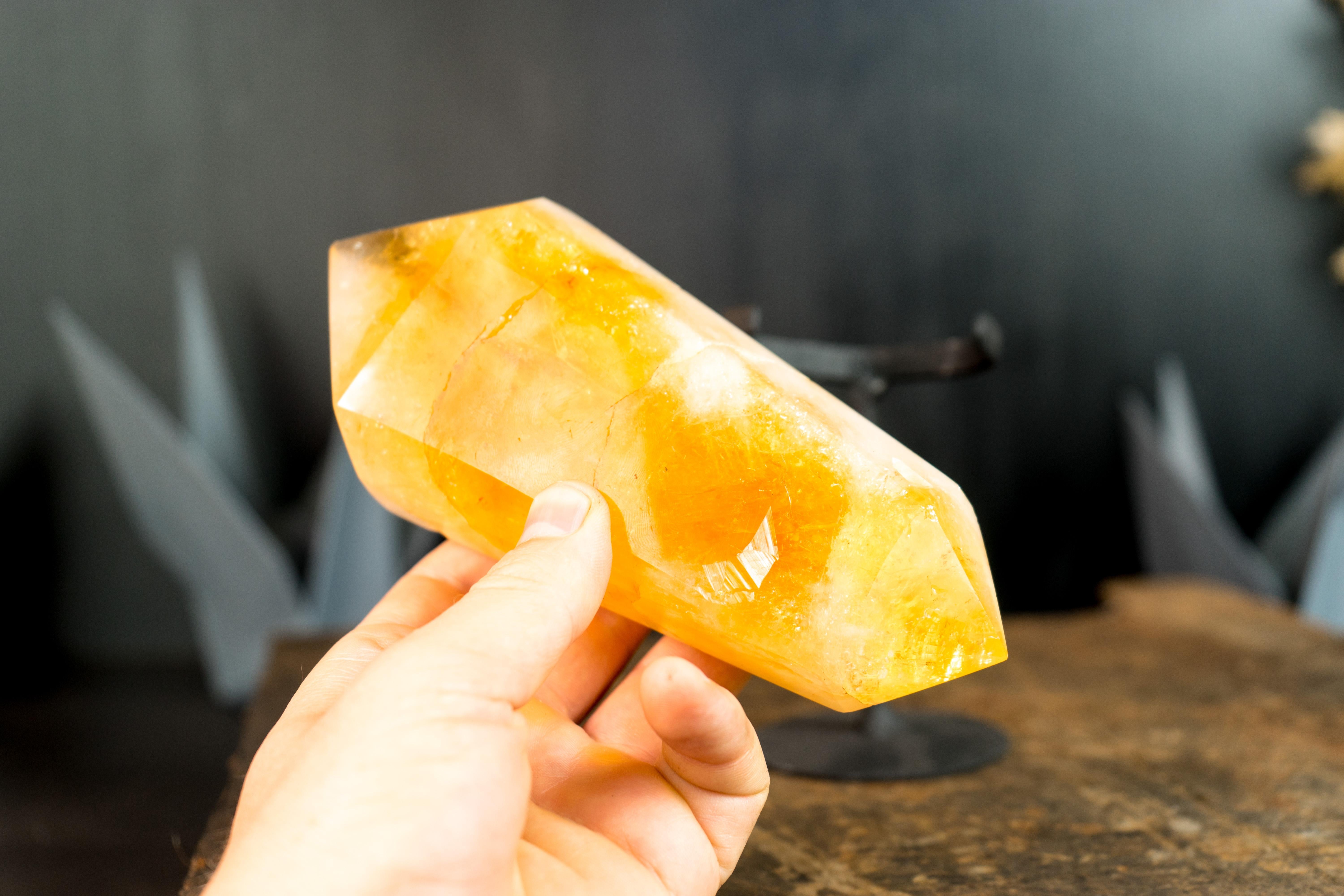 Contemporary Natural X-Large Brazilian Citrine Crystal Point, Double-Terminated, On Stand  For Sale