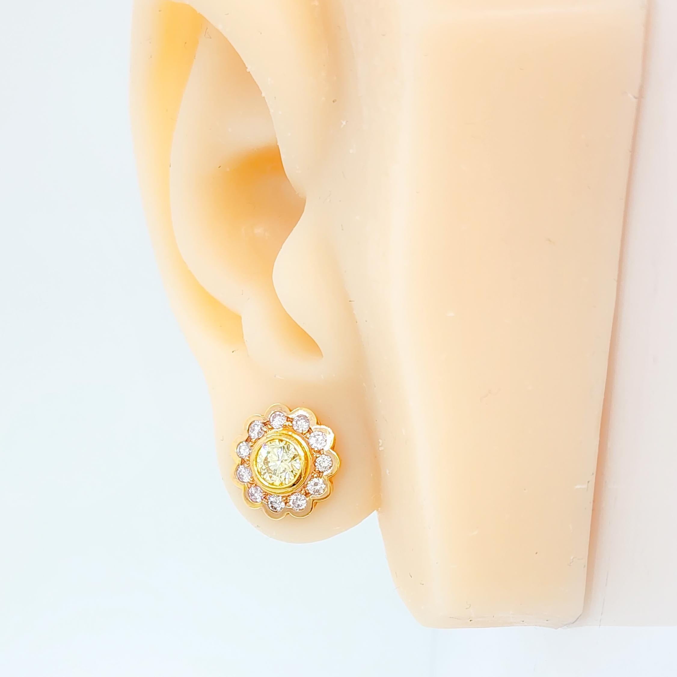 Round Cut Natural Yellow and Pink Diamond Floral Studs in 18k For Sale