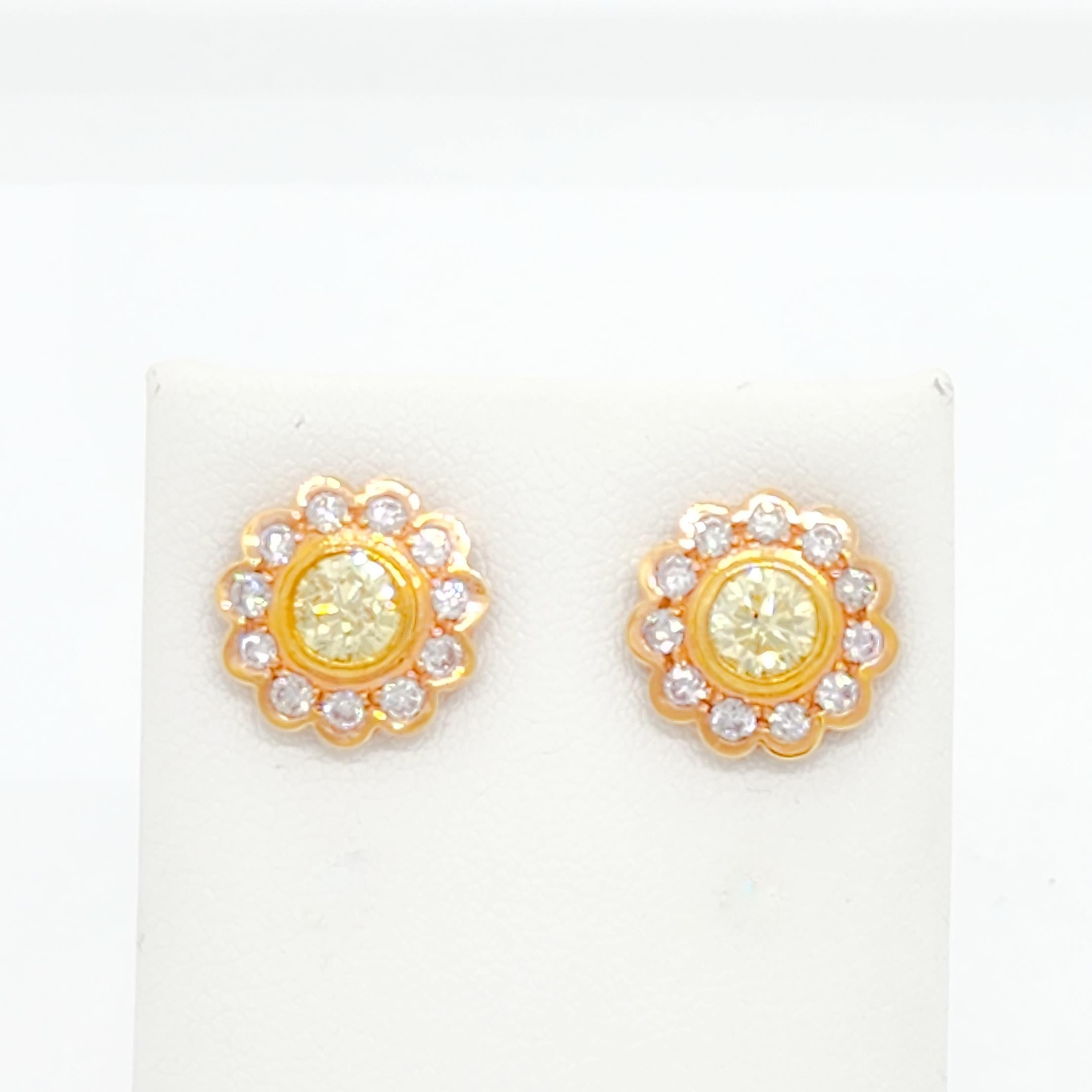 Women's or Men's Natural Yellow and Pink Diamond Floral Studs in 18k For Sale