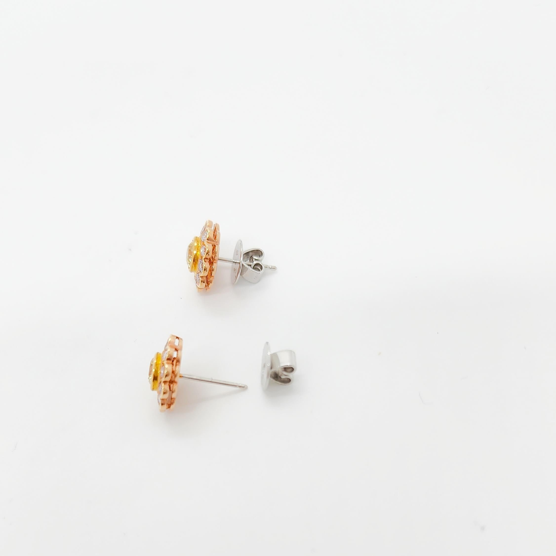 Natural Yellow and Pink Diamond Floral Studs in 18k For Sale 3