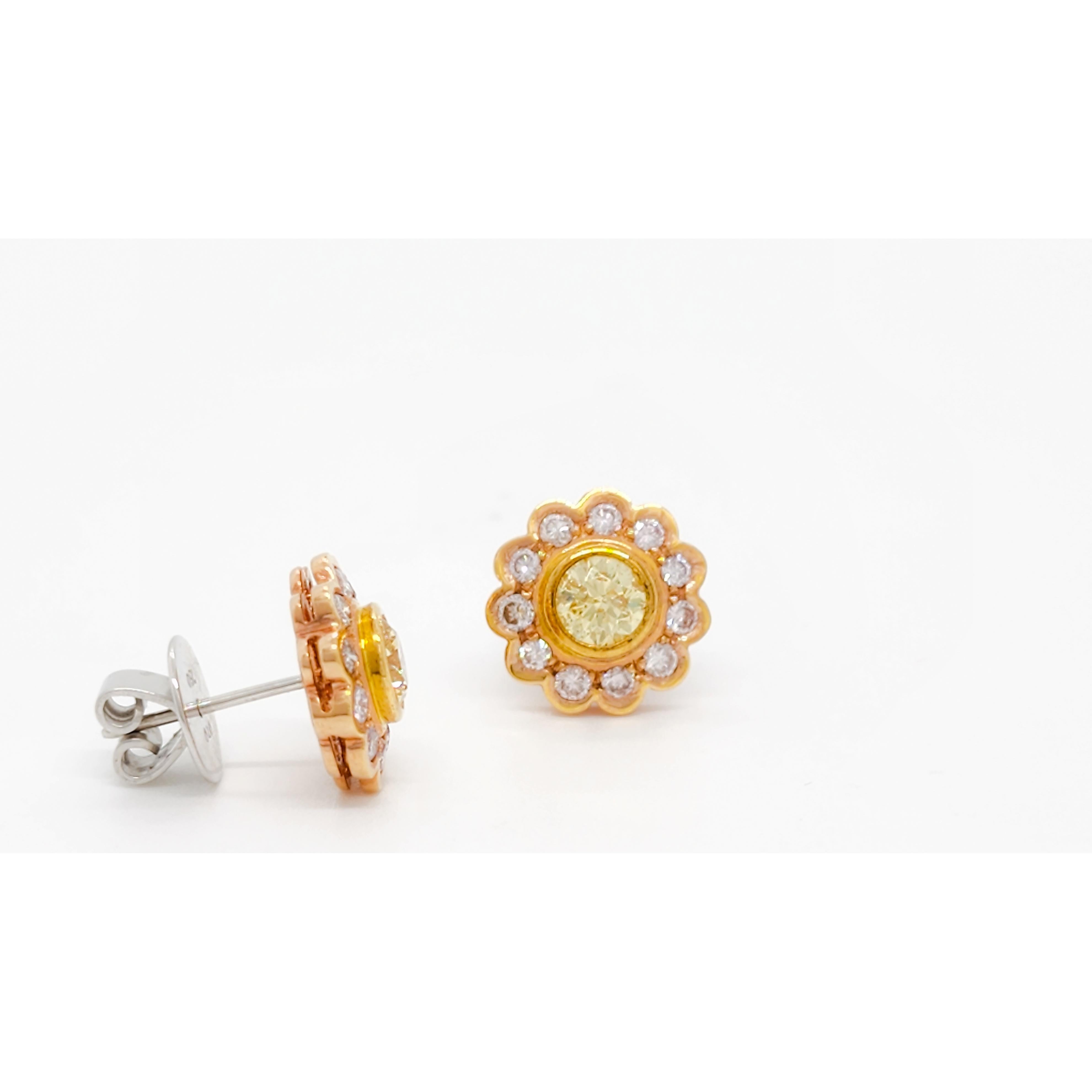 Natural Yellow and Pink Diamond Floral Studs in 18k For Sale 4