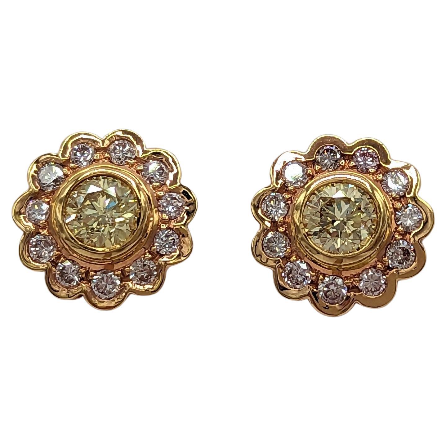 Natural Yellow and Pink Diamond Floral Studs in 18k For Sale