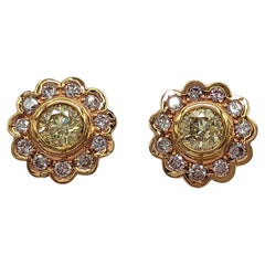 Natural Yellow and Pink Diamond Floral Studs in 18k