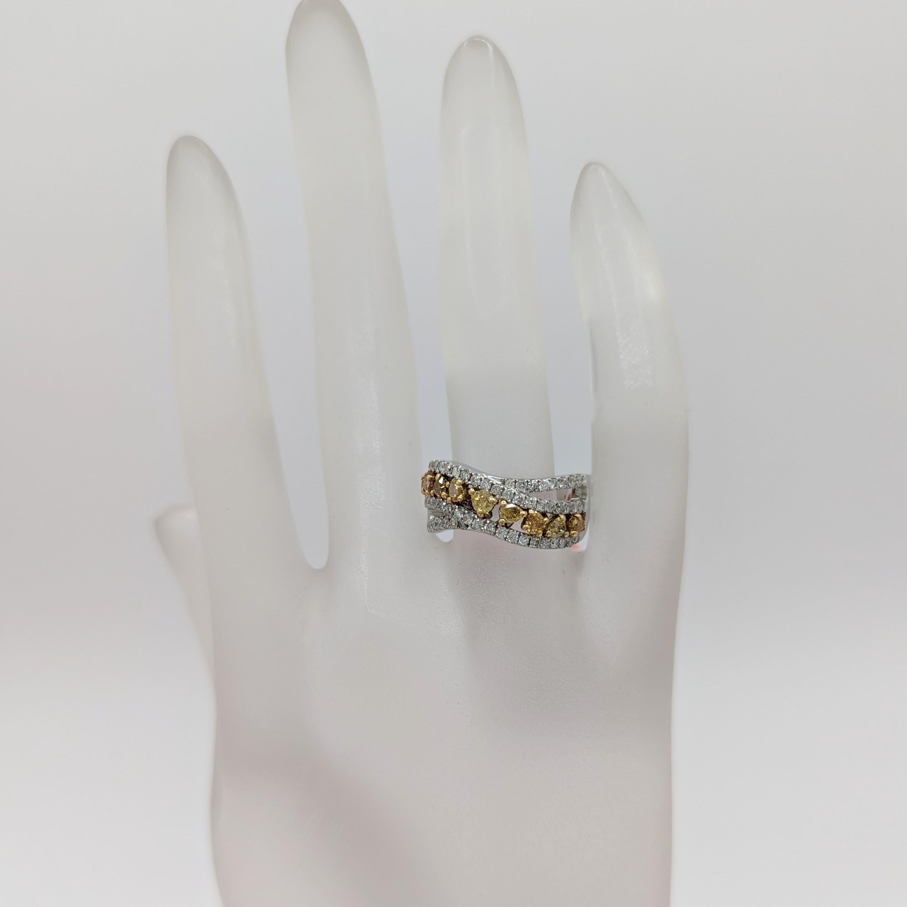 Round Cut Natural Yellow and White Diamond Band Ring in 18K White Gold For Sale