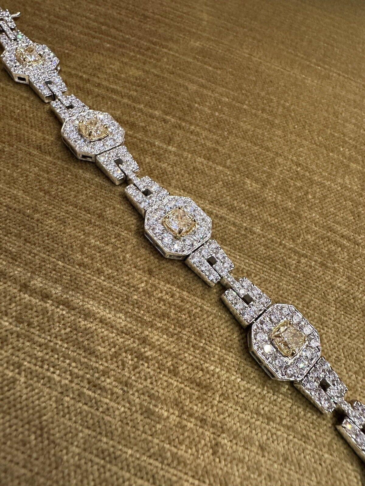 Cushion Cut Natural Yellow and White Diamond Bracelet 15.86 carat total in 18k White Gold For Sale