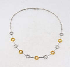 Natural Yellow and White Diamond Circle Station Link Necklace in 18 Karat Gold