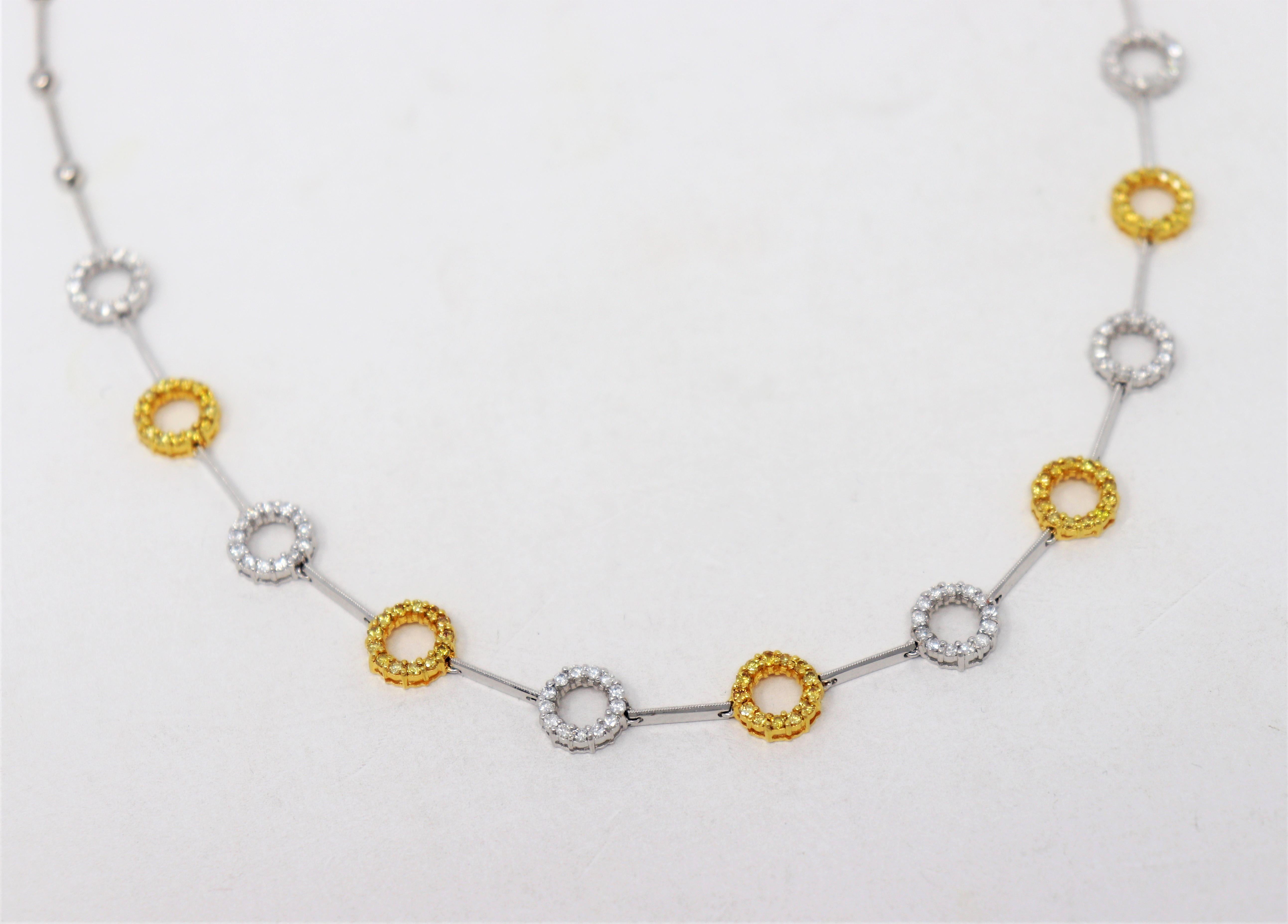 Contemporary Natural Yellow and White Diamond Circle Station Link Necklace in 18 Karat Gold For Sale